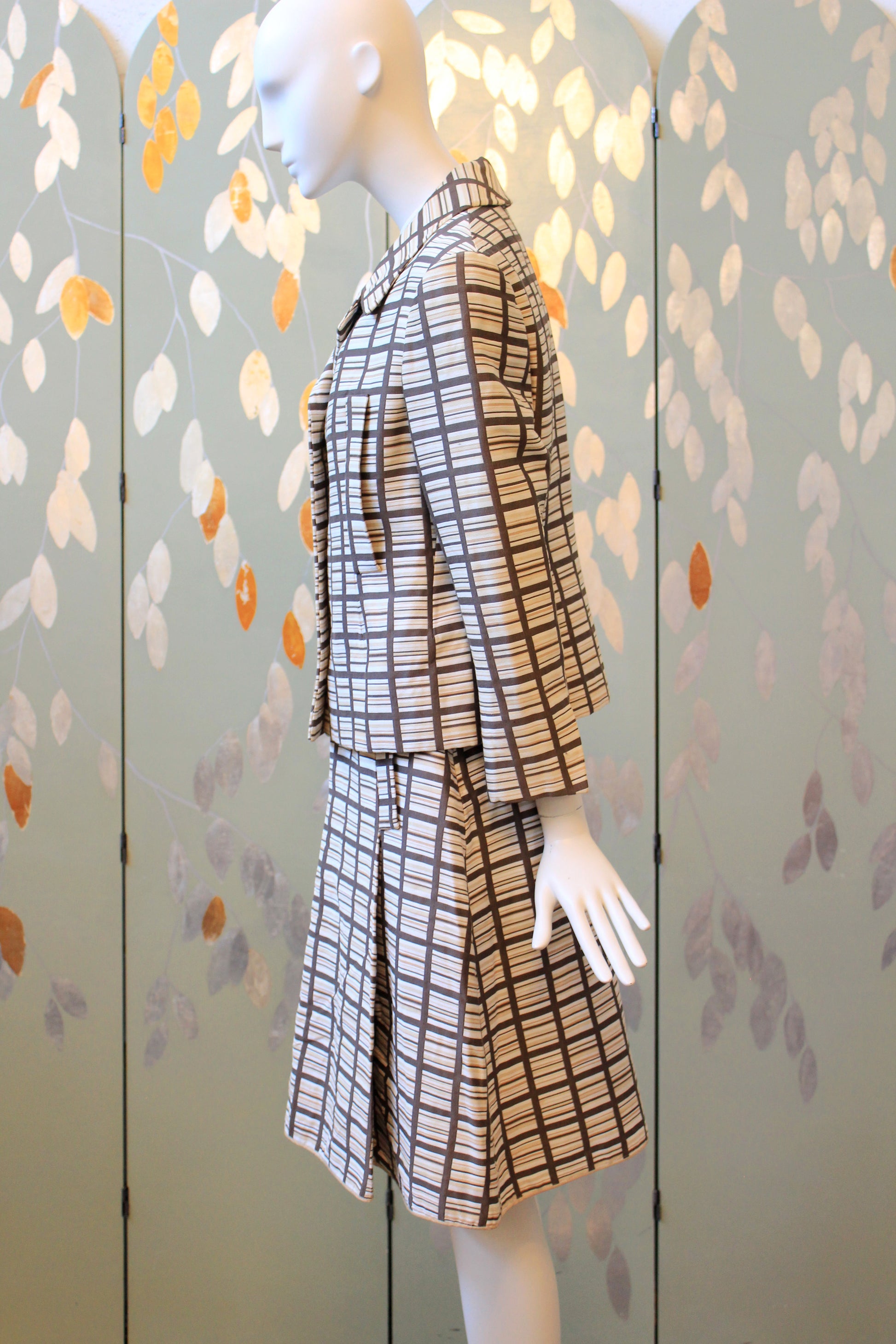 1960s Brown And Beige Geometric Print Skirt Suit Set With Square Buttons, Small