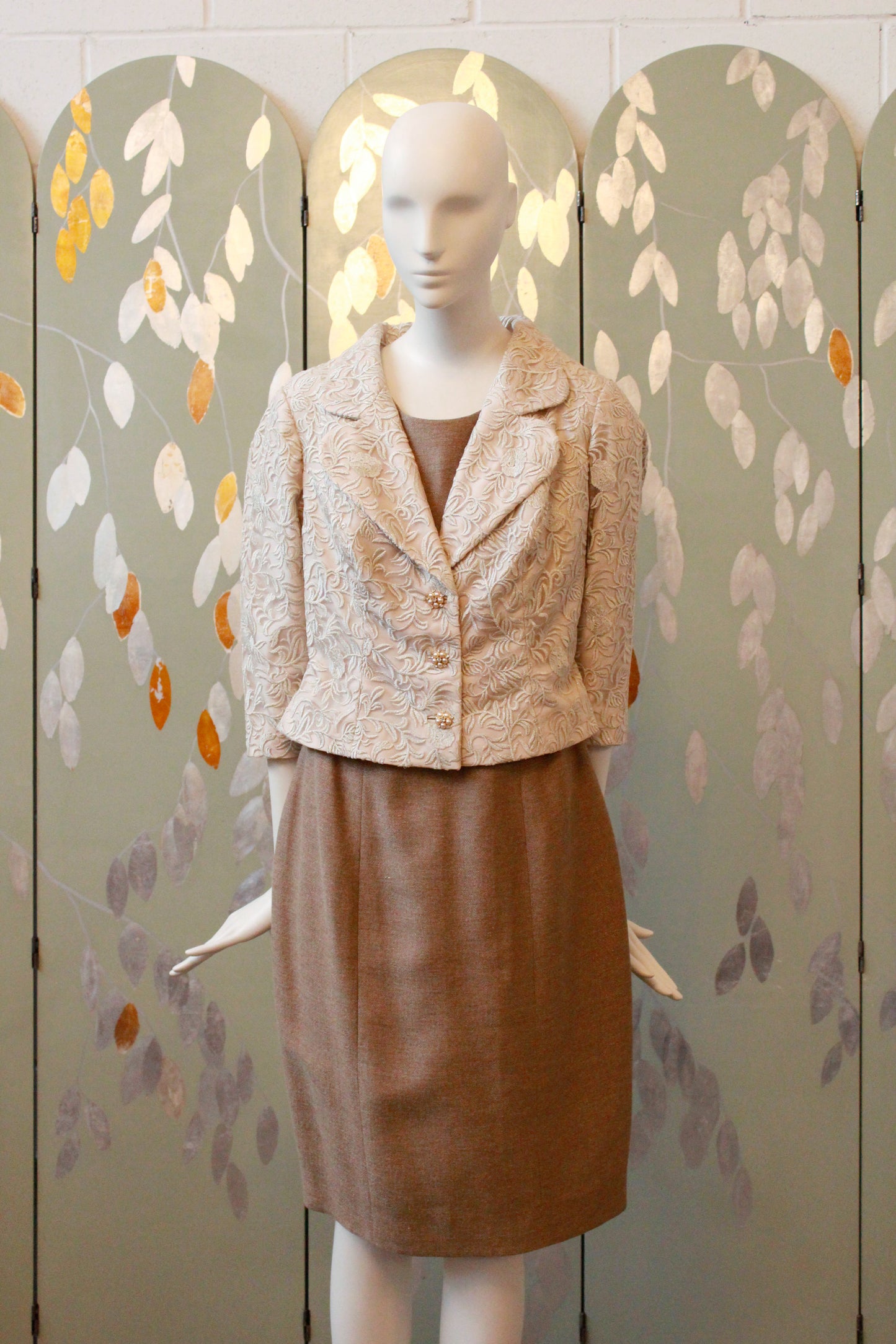 Gold And Cream 1960s Style Metallic Dress And Brocade Jacket Set, M