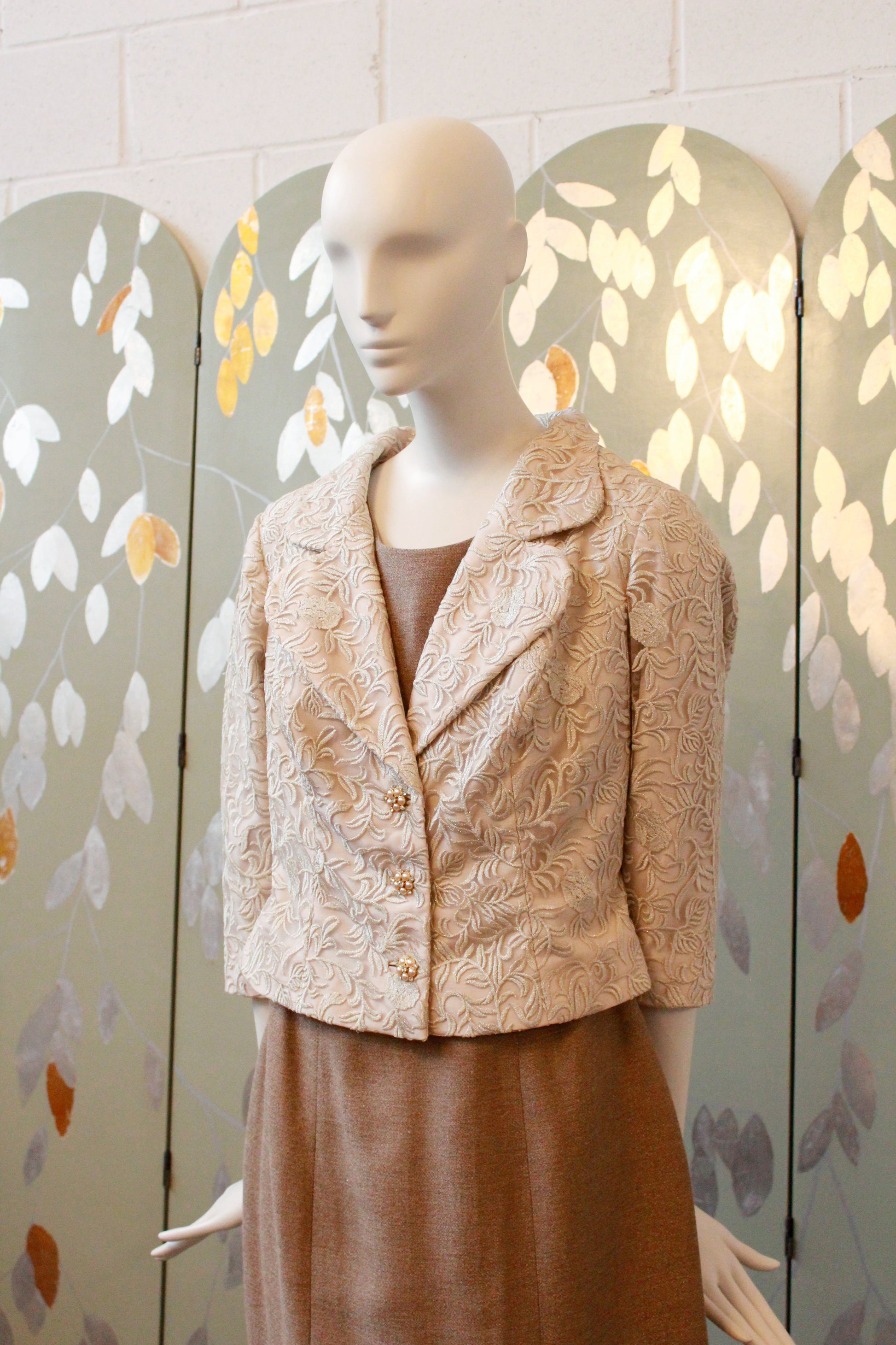 Gold And Cream 1960s Style Metallic Dress And Brocade Jacket Set, M