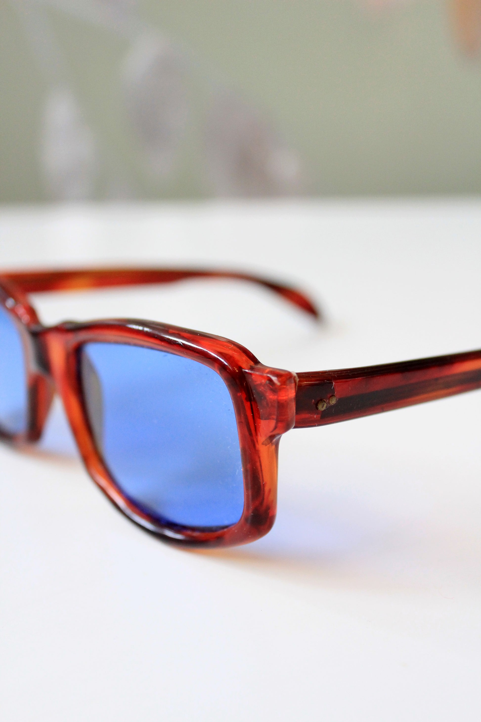 1960s Brown Rectangular Sunglasses with Blue lenses