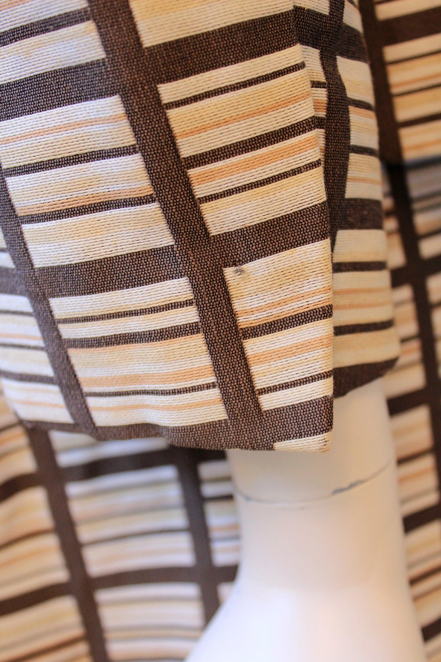 1960s Brown And Beige Geometric Print Skirt Suit Set With Square Buttons, Small