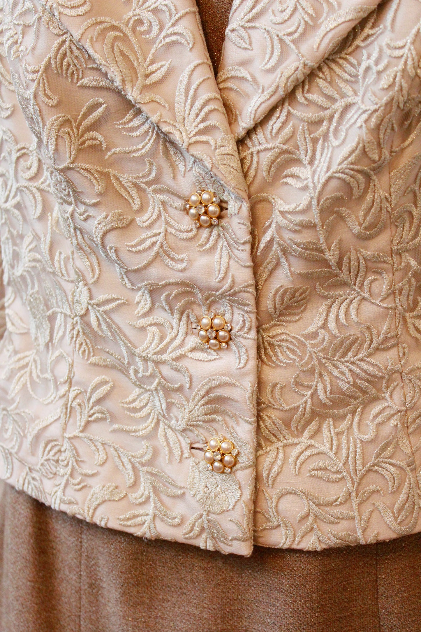 Gold And Cream 1960s Style Metallic Dress And Brocade Jacket Set, M