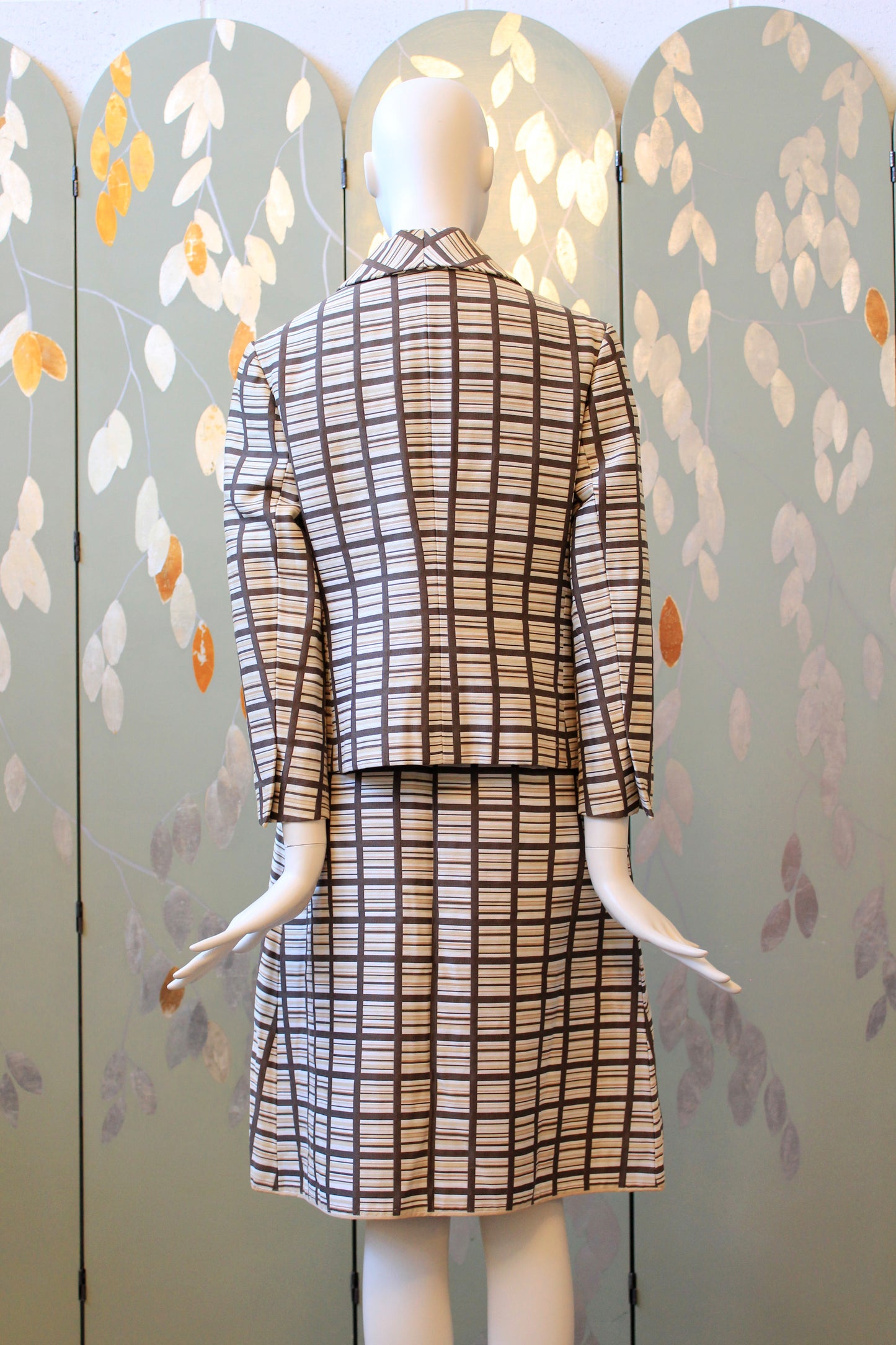 1960s Brown And Beige Geometric Print Skirt Suit Set With Square Buttons, Small
