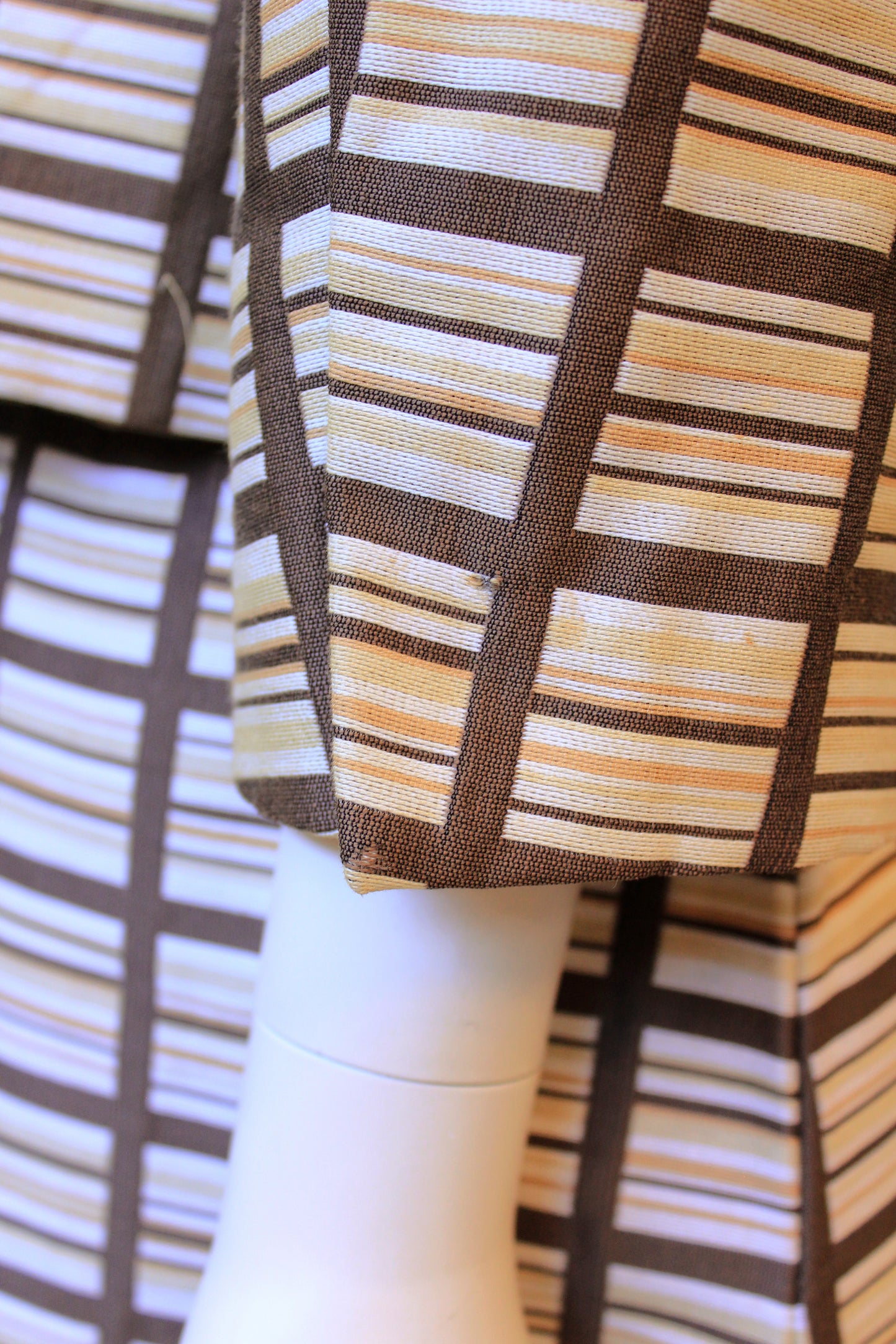 1960s Brown And Beige Geometric Print Skirt Suit Set With Square Buttons, Small