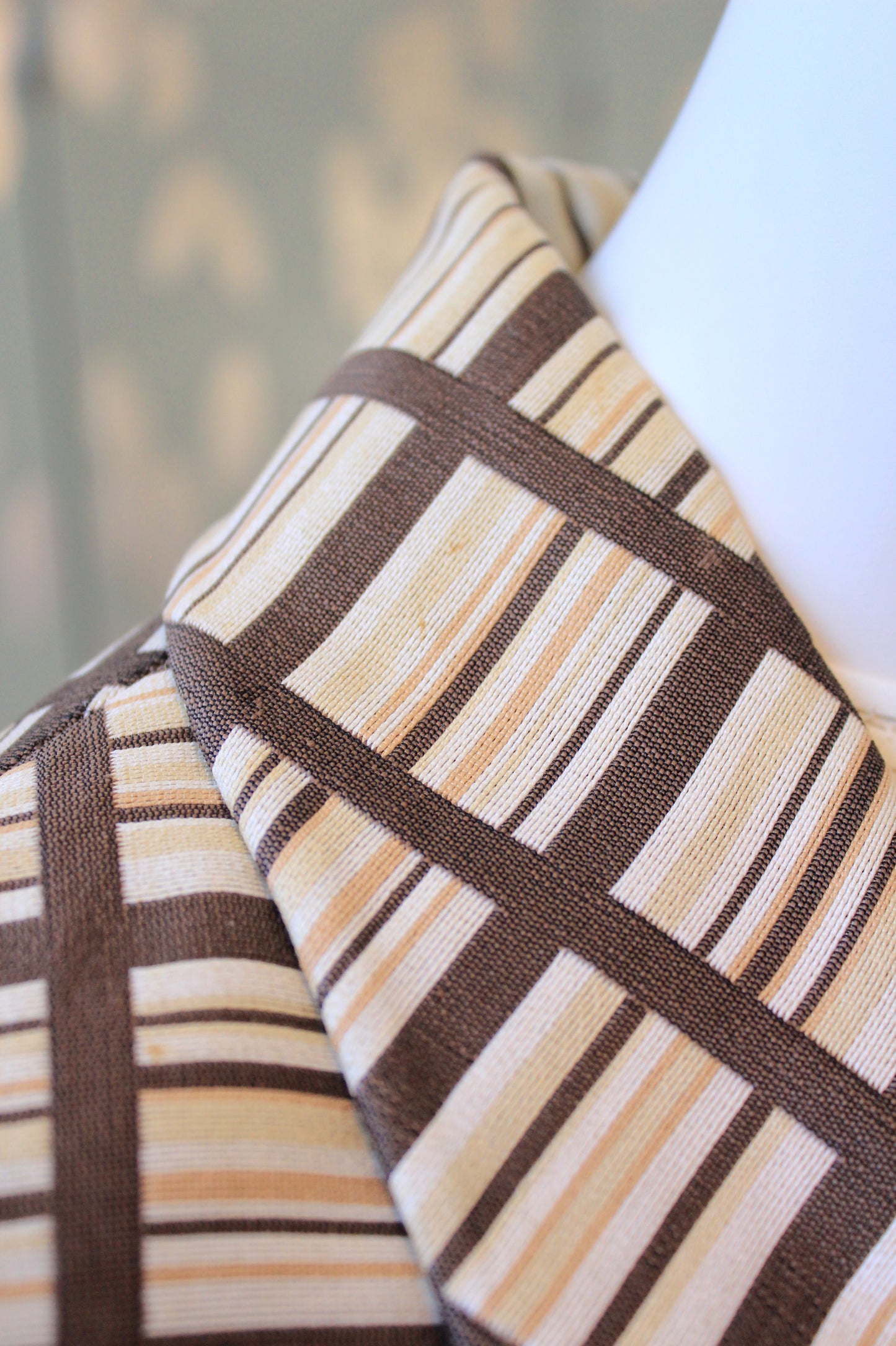 1960s Brown And Beige Geometric Print Skirt Suit Set With Square Buttons, Small