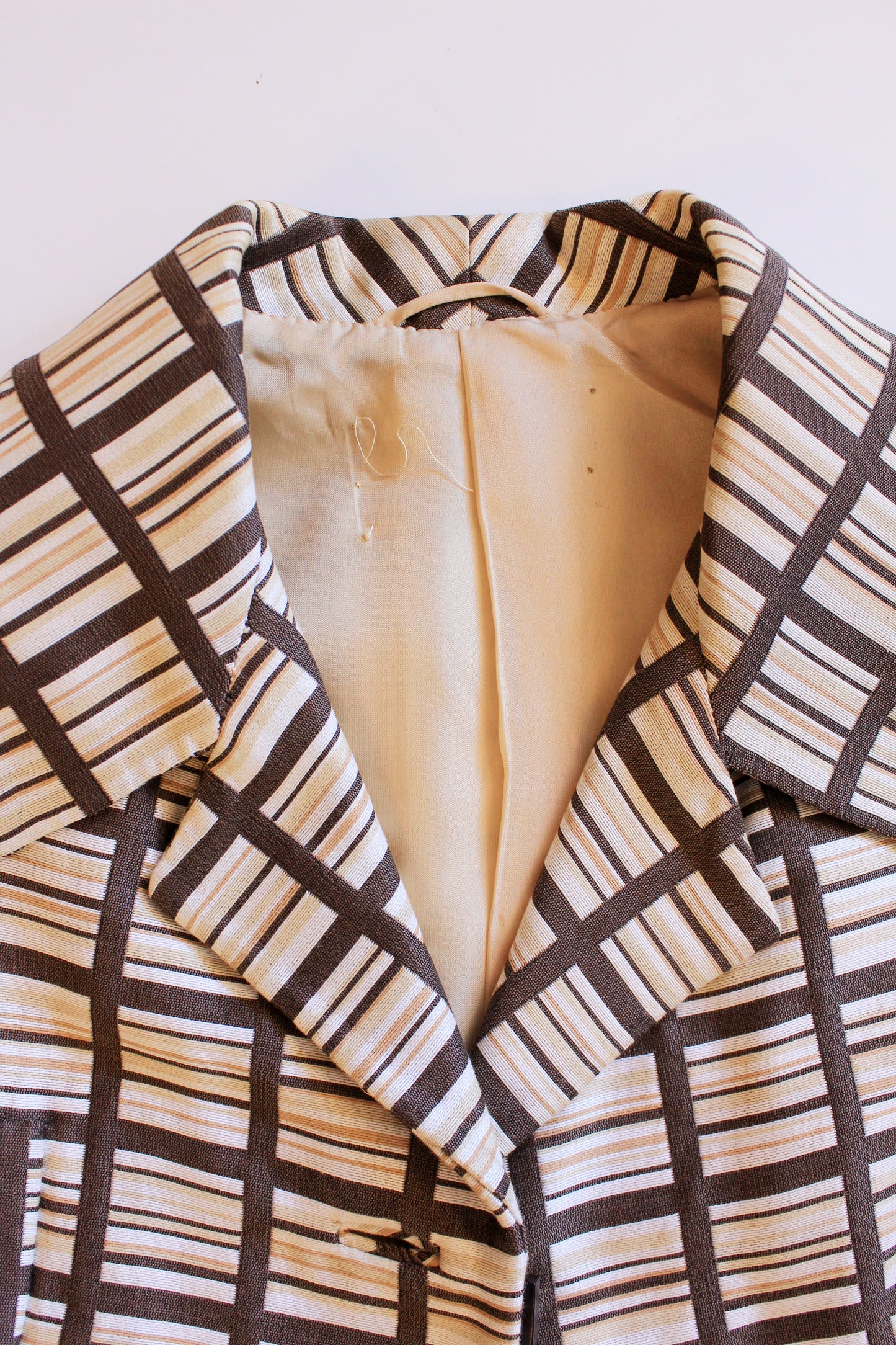 1960s Brown And Beige Geometric Print Skirt Suit Set With Square Buttons, Small