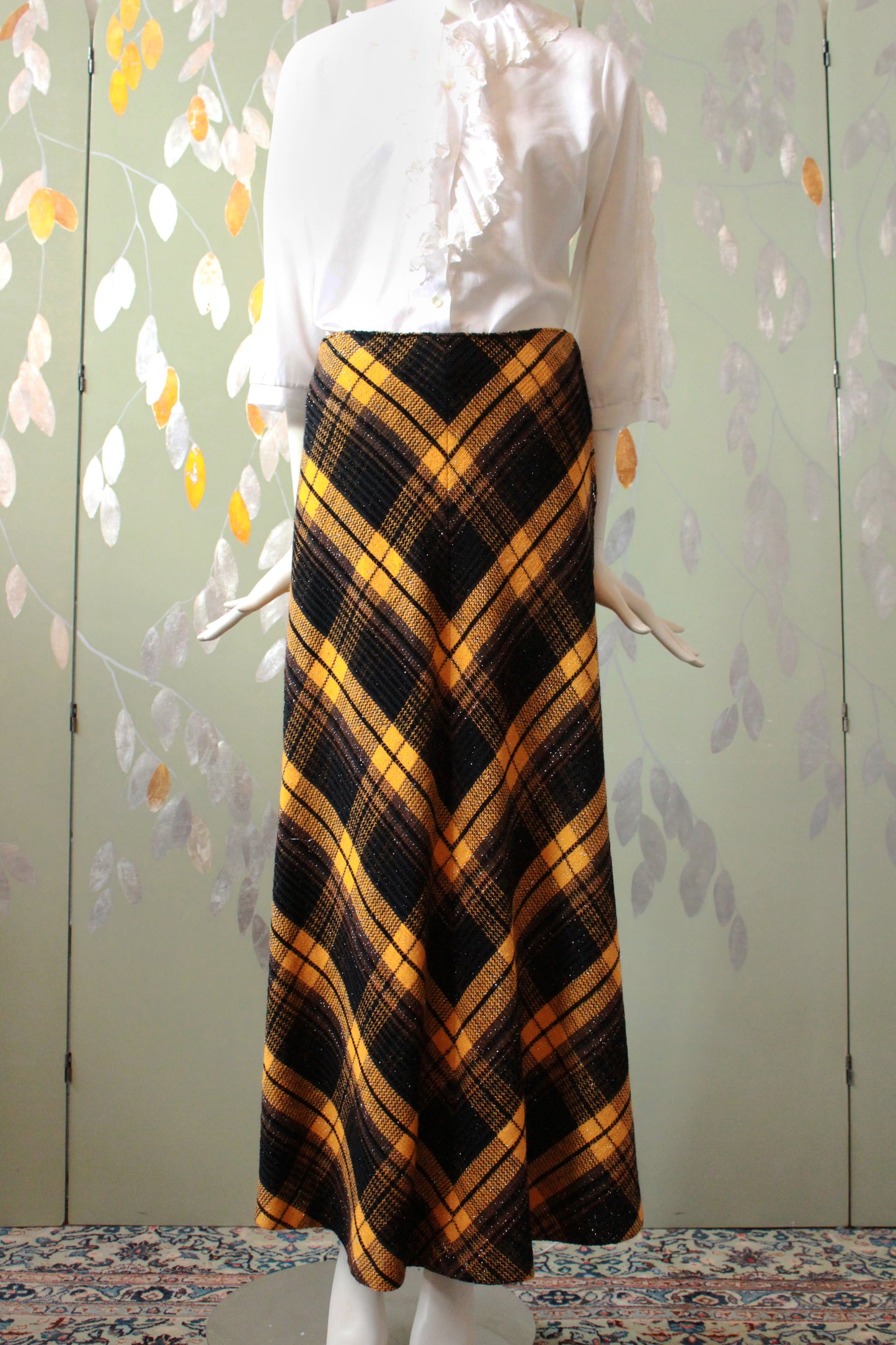 Vintage 1970s Black And Orange Plaid Maxi Skirt With Sparkles, S