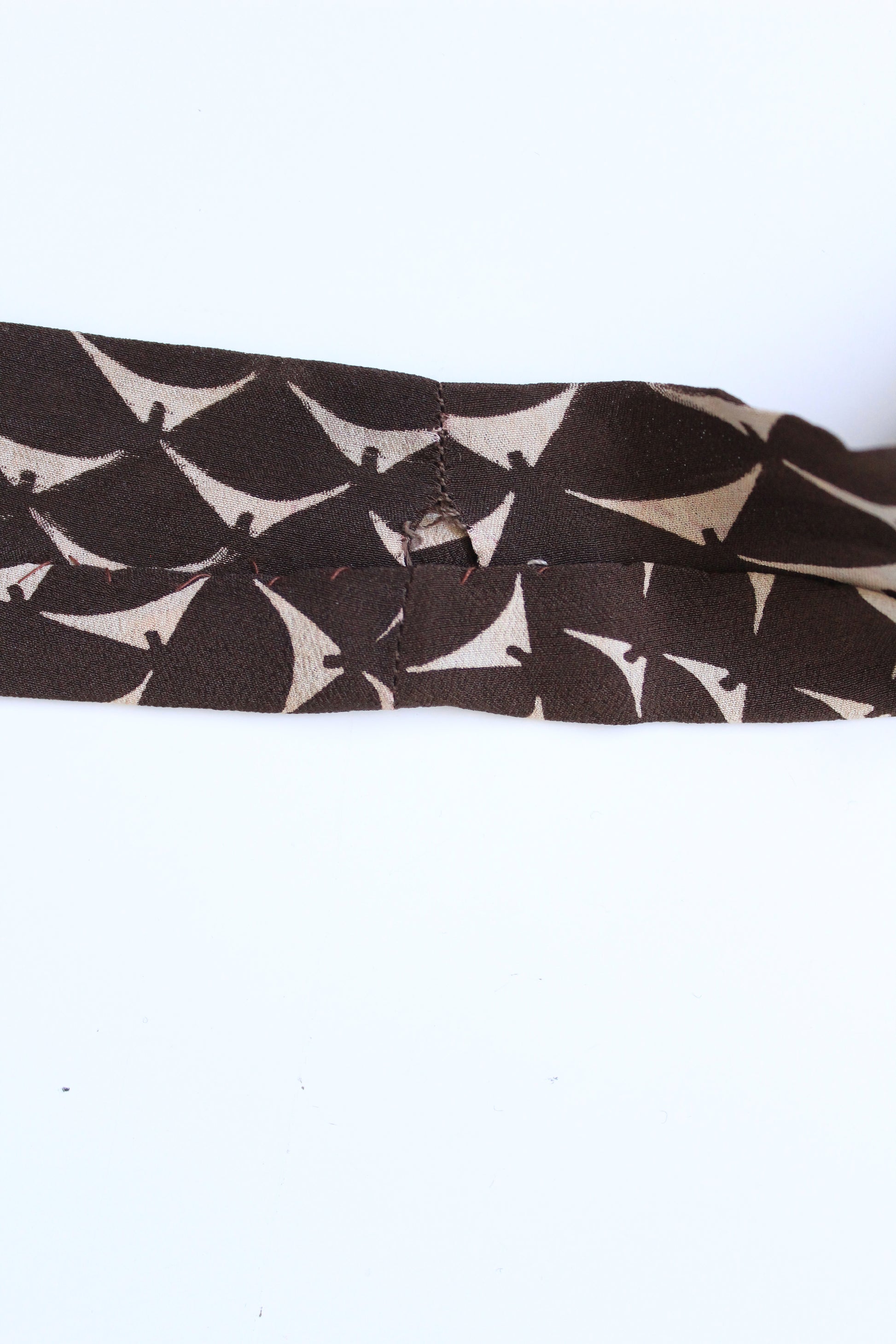 Vintage 1930s Brown Silk Day Dress with Cream Abstract Print, XS
