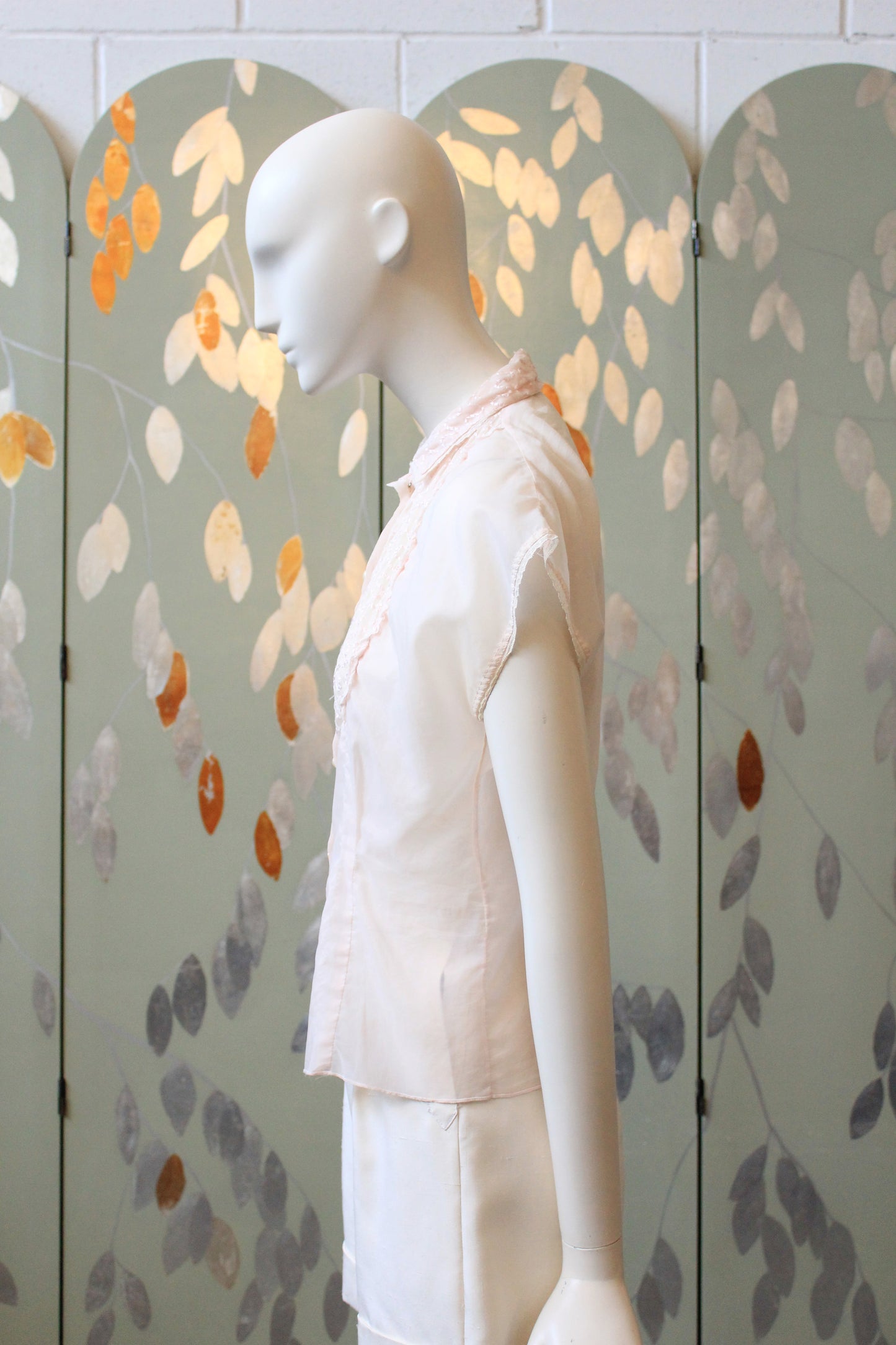 Vintage 1950s Light Pink Nylon Short Sleeve Blouse With Embroidered Yoke, XS