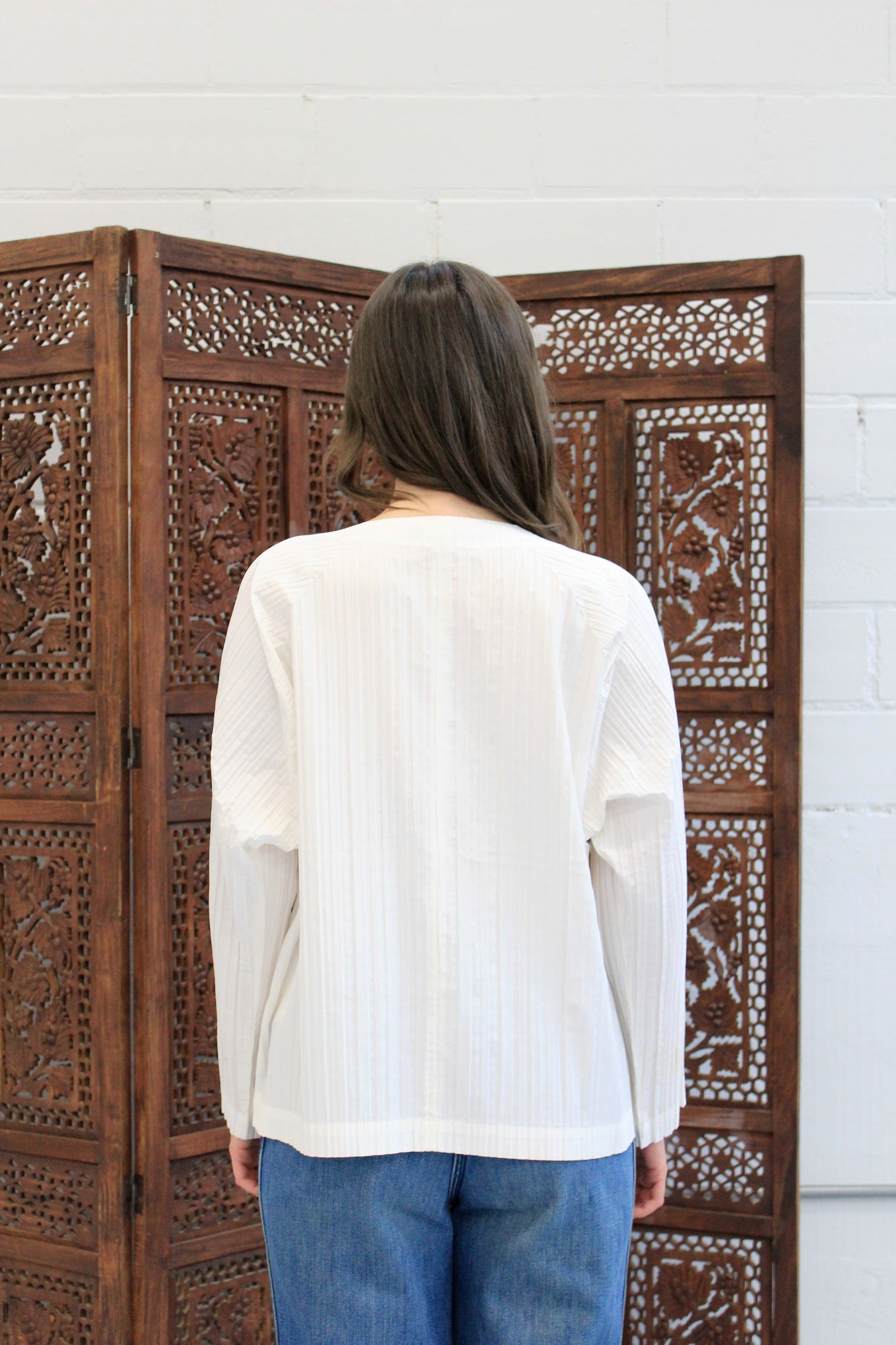 Vintage 1980s Issey Miyake White Pleated Snap Front Shirt, Medium