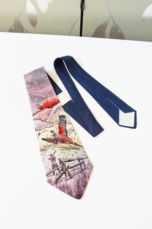 Vintage 1940s Rayon Tie With Pheasants In Pink and Navy, Hand Painted