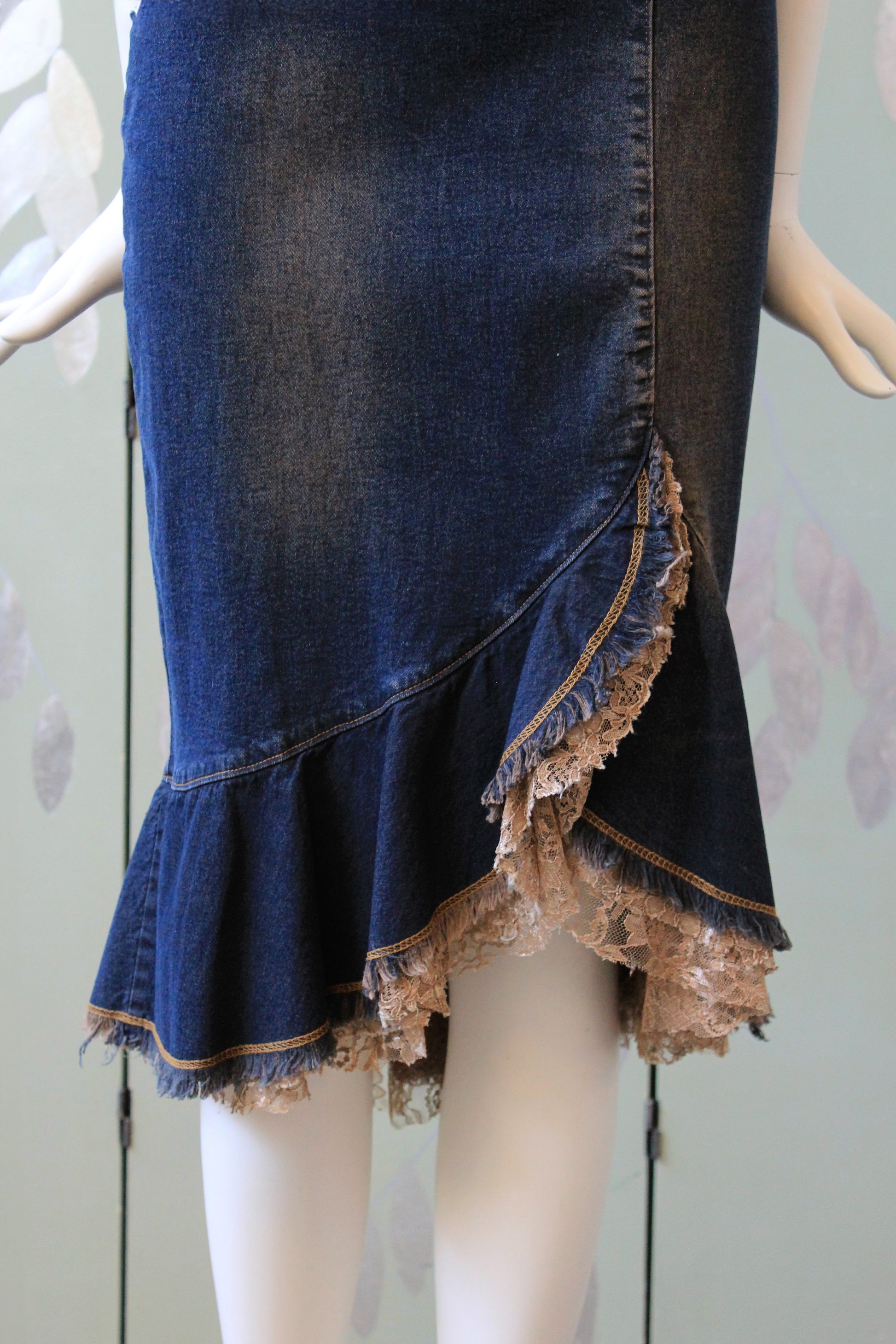 Early 2000 Denim Skirt With Lace Waterfall Hem , Large 