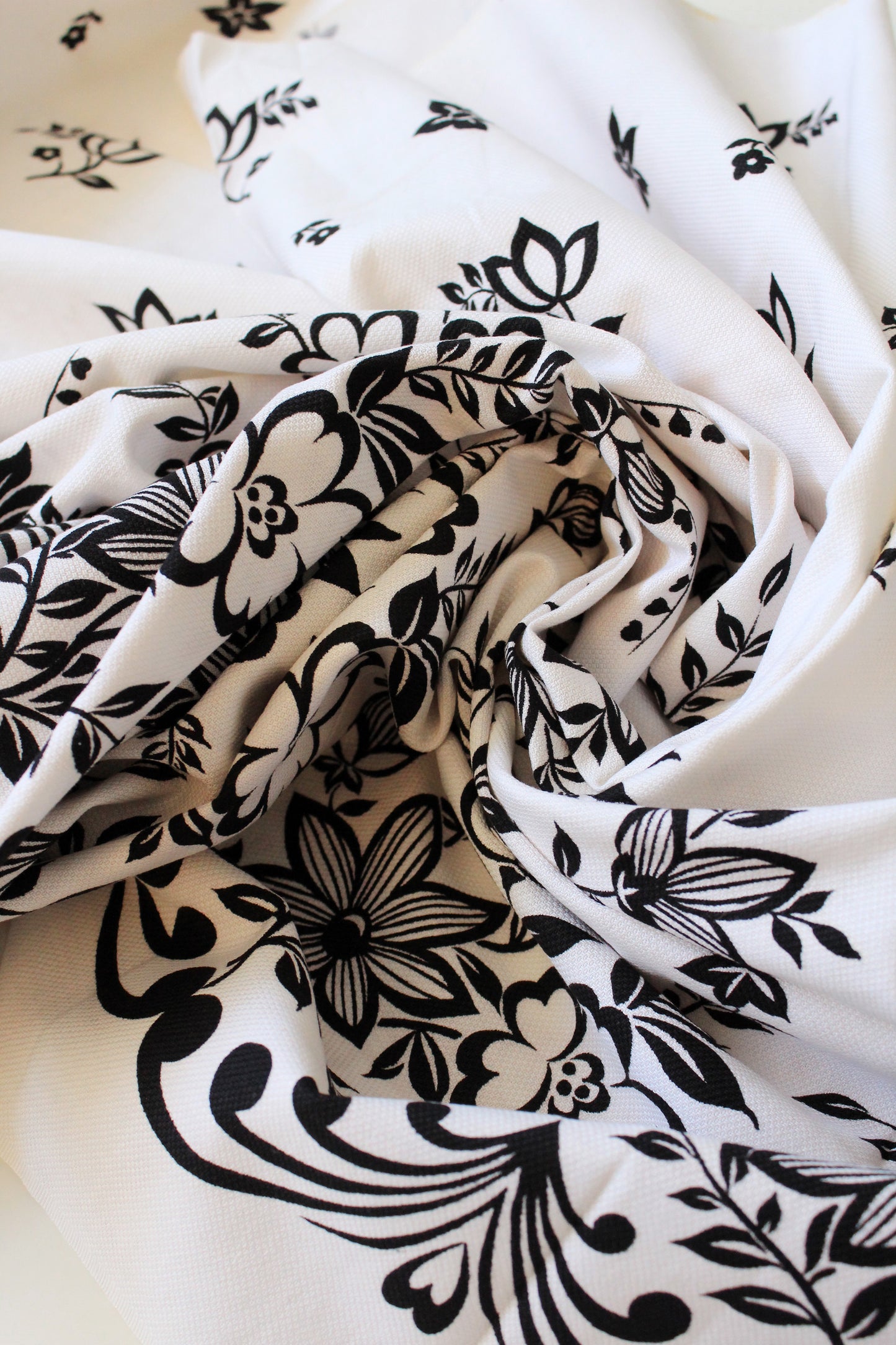 1980s Black And White Large Illustrated Floral Border Print Fabric, 3.9 Yards