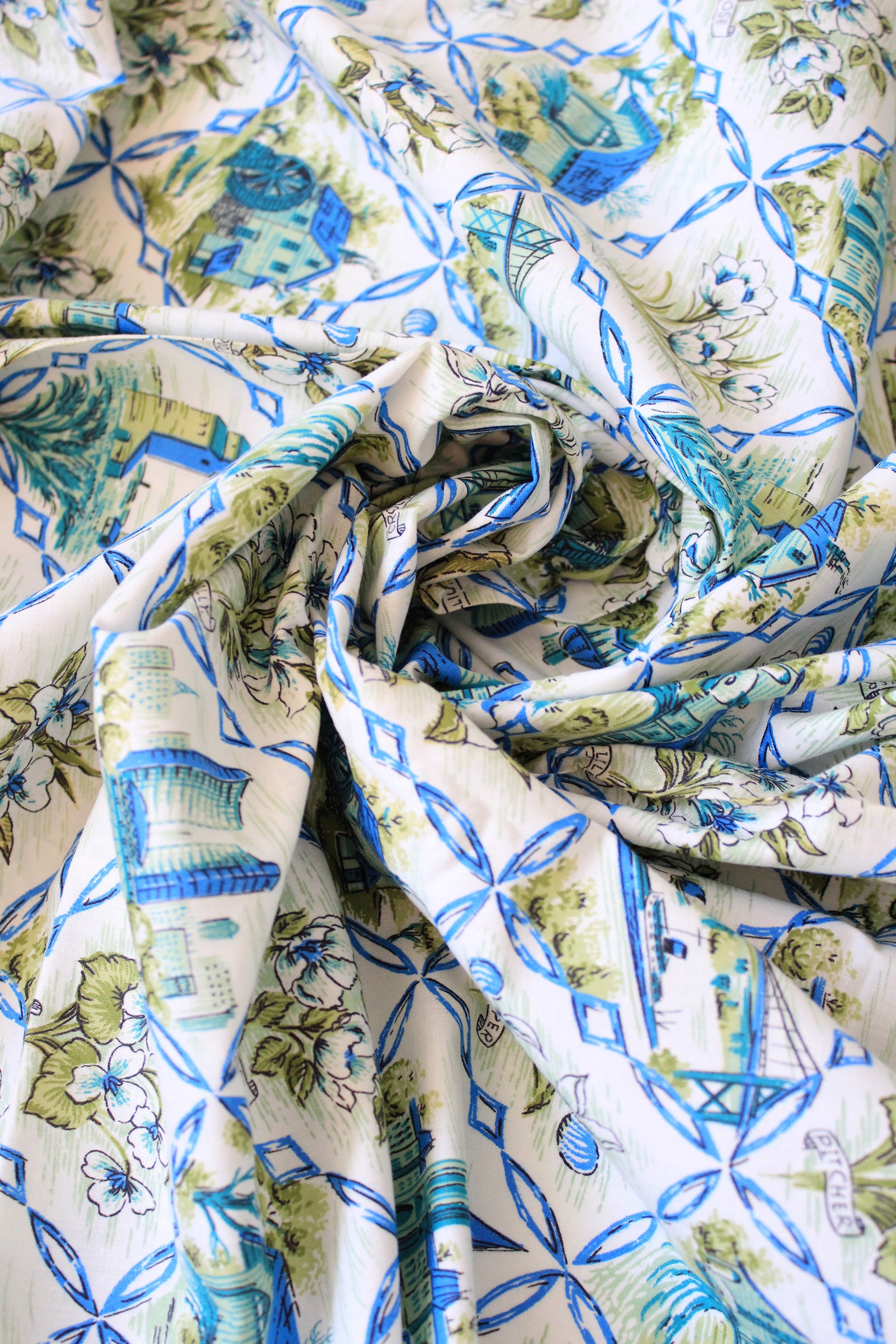 1960s Green And Blue Cotton Sewing Fabric With Flowers And Architecture, 6 + 2 Yards
