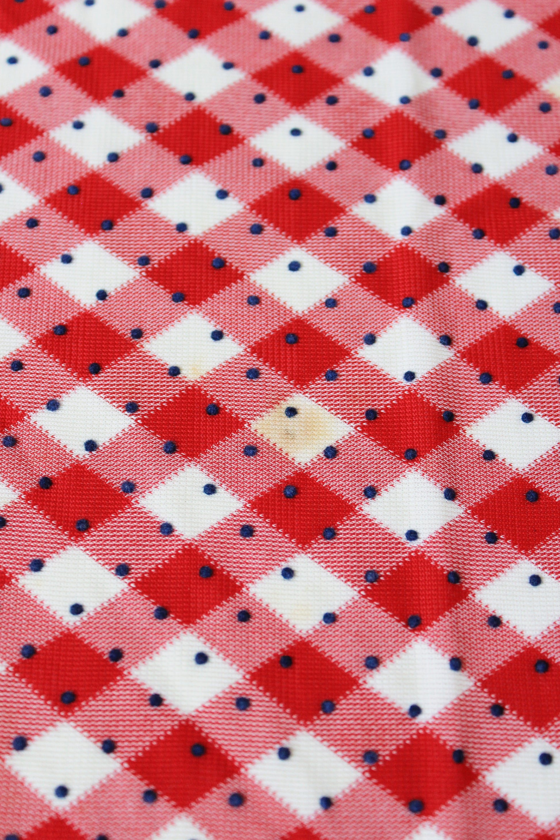 1960s Red And White Checkered Plaid With Blue Polka Dots Nylon Vintage Print Fabric, 3.8 Yards