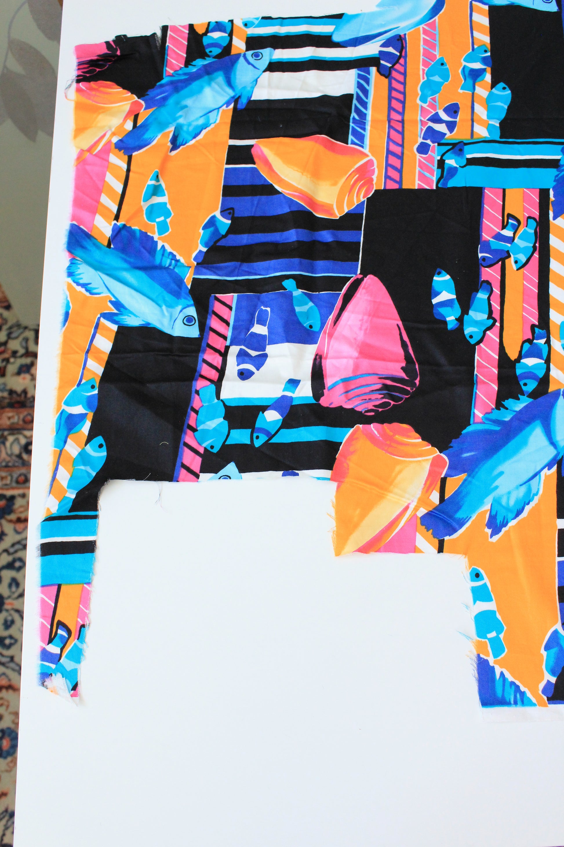 Vintage 1990s Multicoloured Fish And Shells Cotton Fabric, 3.5 Yards