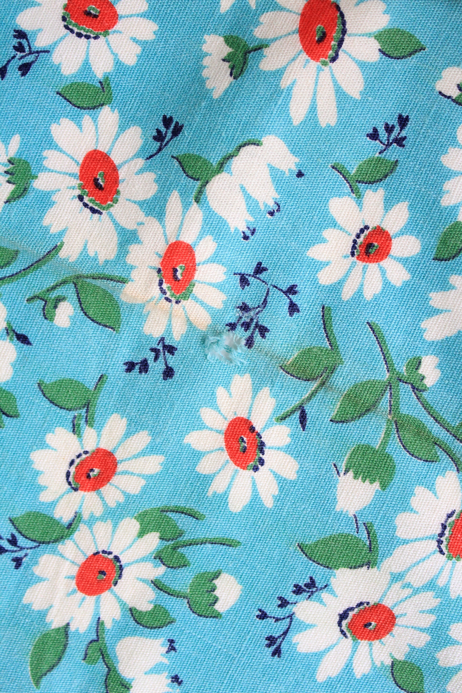 1950s Teal With White And Red Flowers Cotton Sewing Fabric, 4.5 Yards