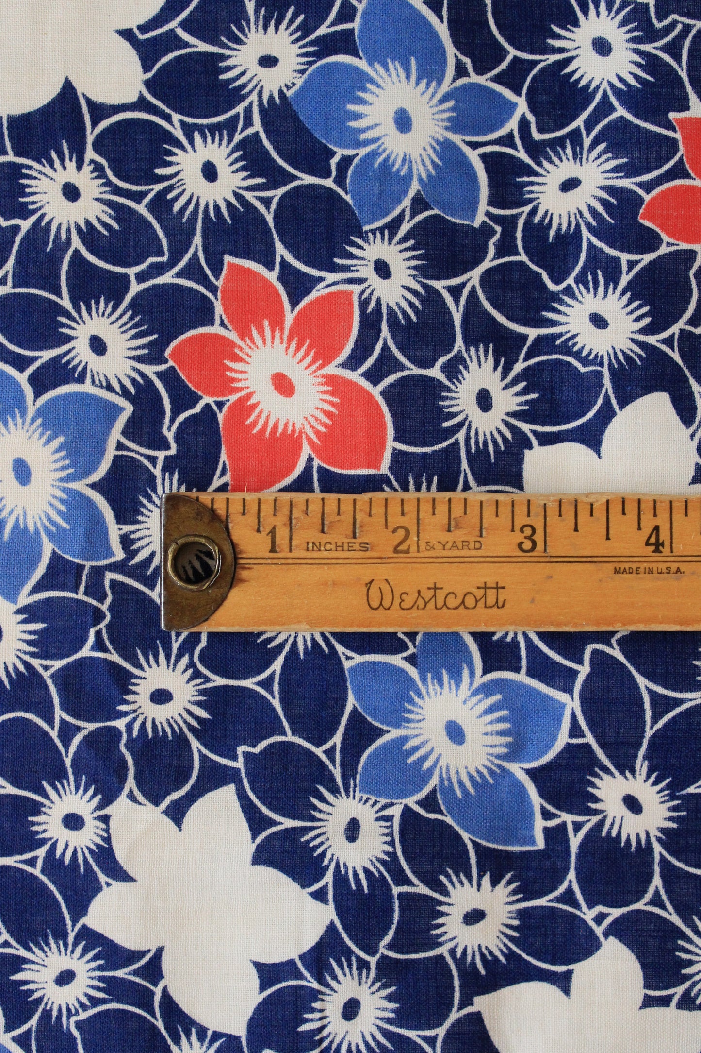 1940s Blue/White/Orange Repeating Flower Cotton Fabric, 6.75 Yards