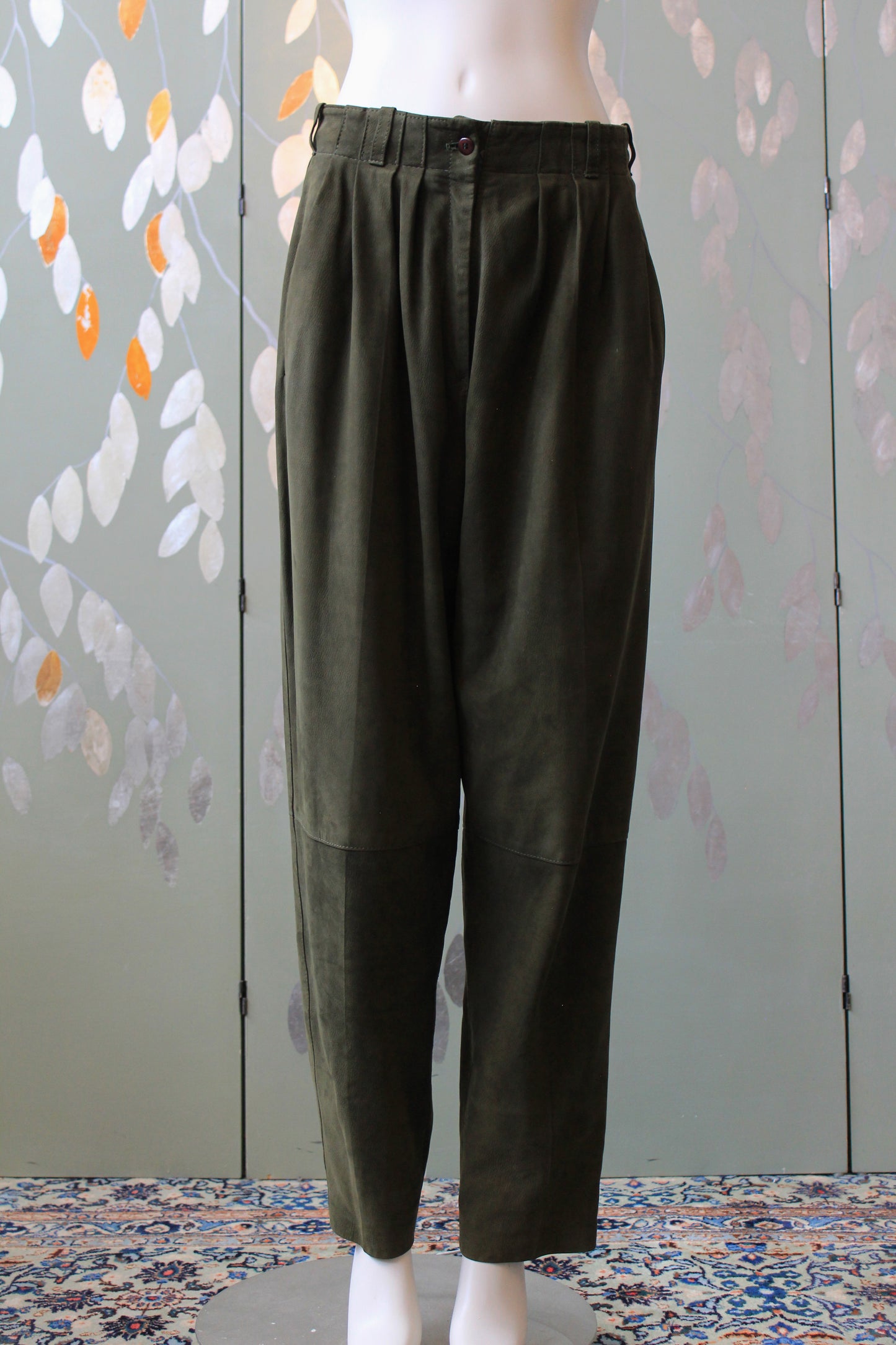 1980s Leather Paperbag Style Pants In Olive Green, Medium