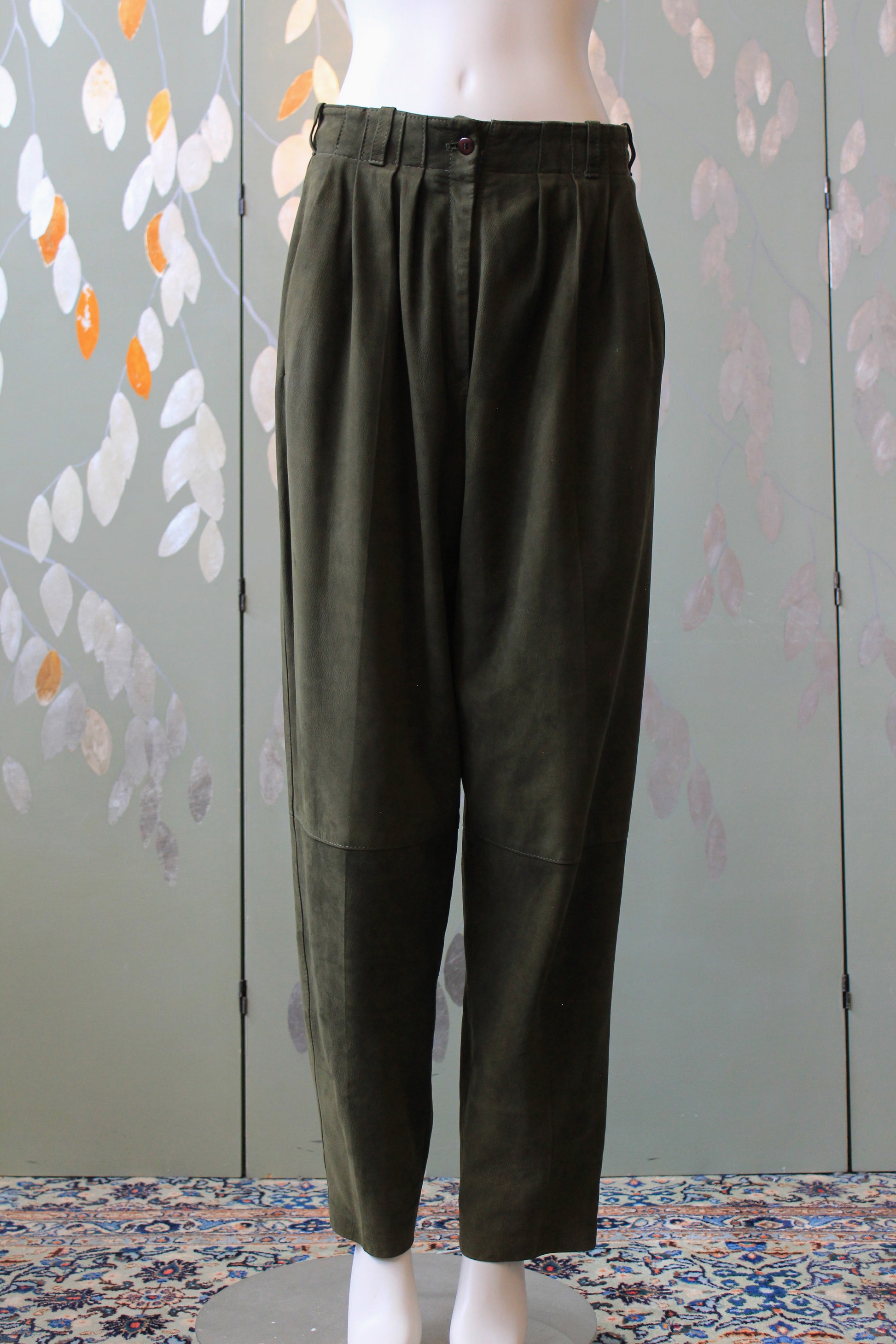 1980s Leather Paperbag Style Pants In Olive Green, Medium