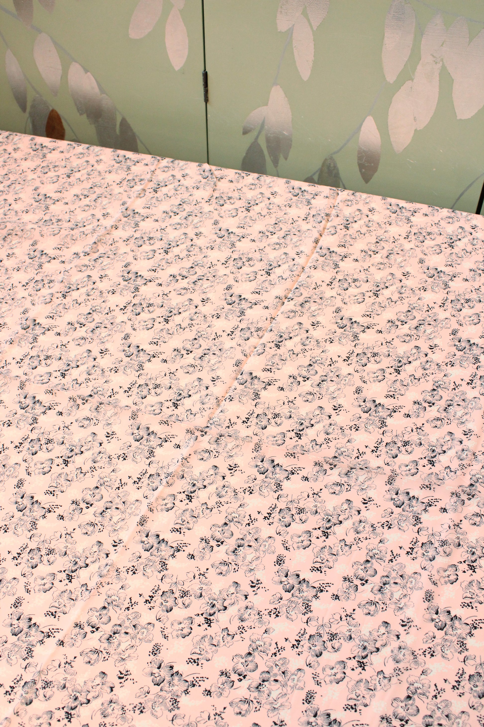 1940s Pink With Black And White Flowers Rayon Fabric, 3.5 Yards