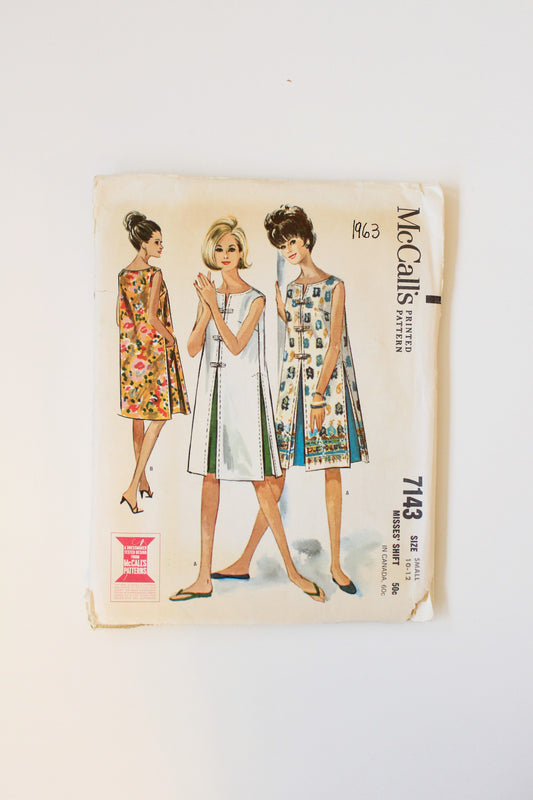 1960s Shift Summer Dress McCall's 7143 Sewing Pattern, Partially Cut-Complete, Size 10-12