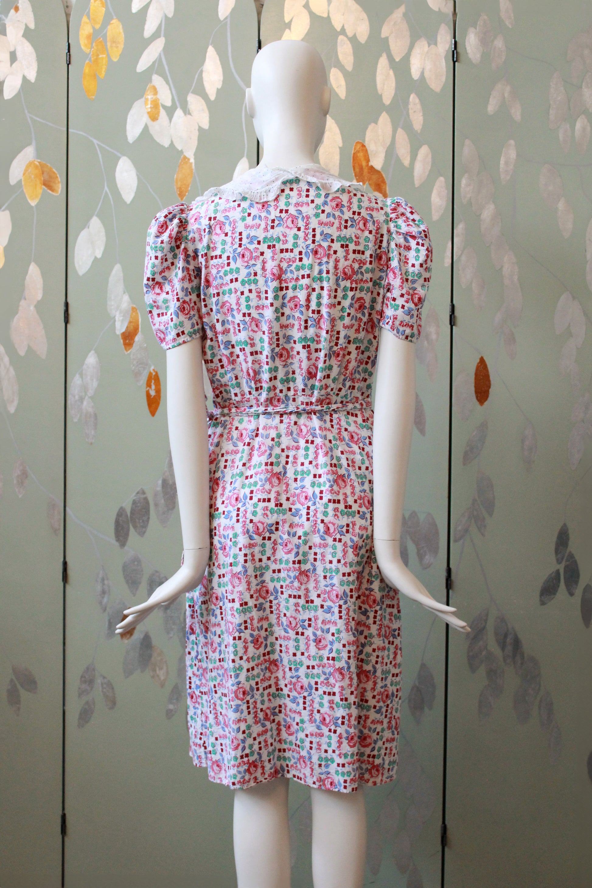 1940s  Floral Cotton Wrap House Dress With Embroidery, Medium
