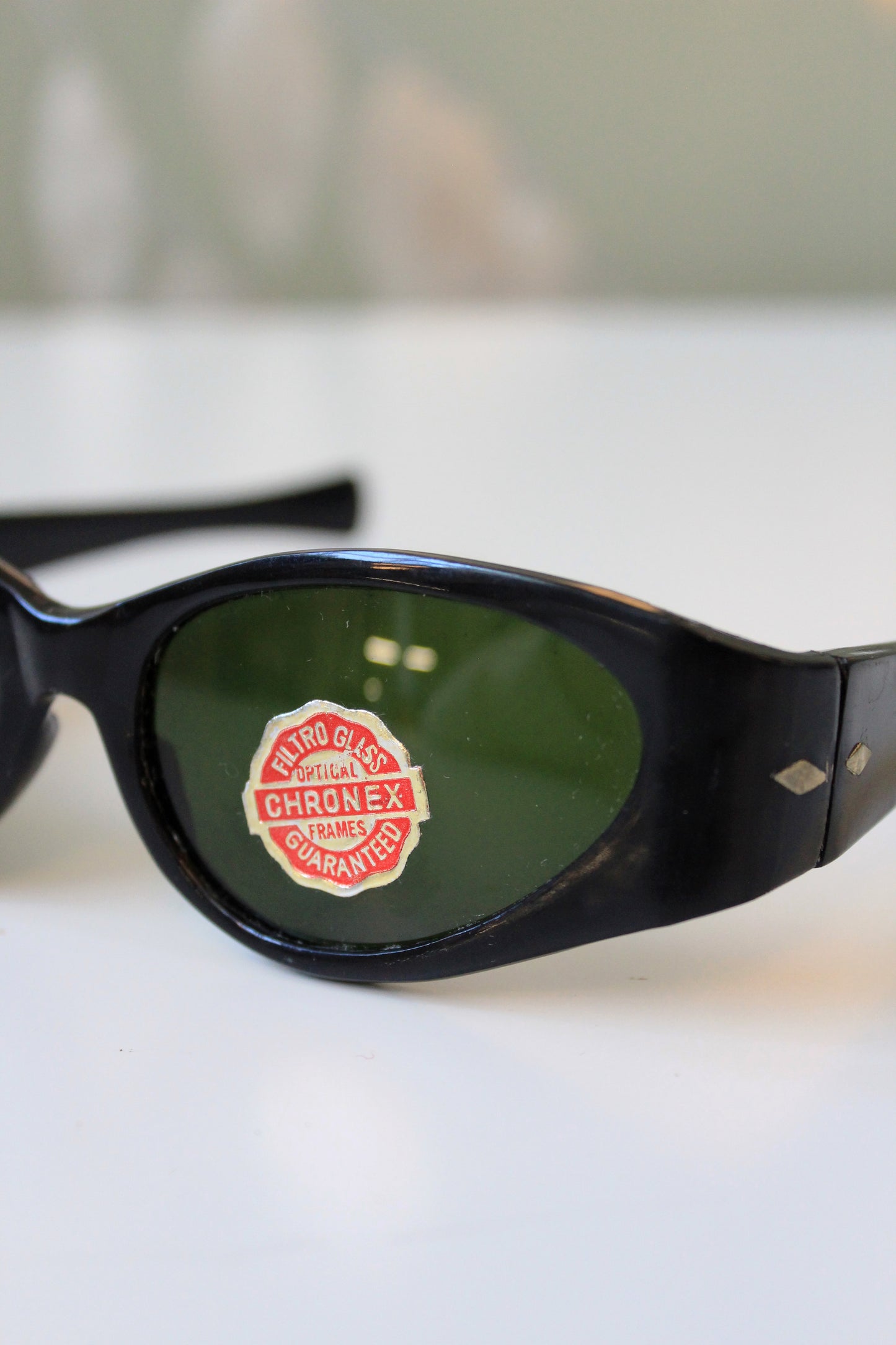 1950s Black Plastic Sunglasses With Green Lenses, Unused