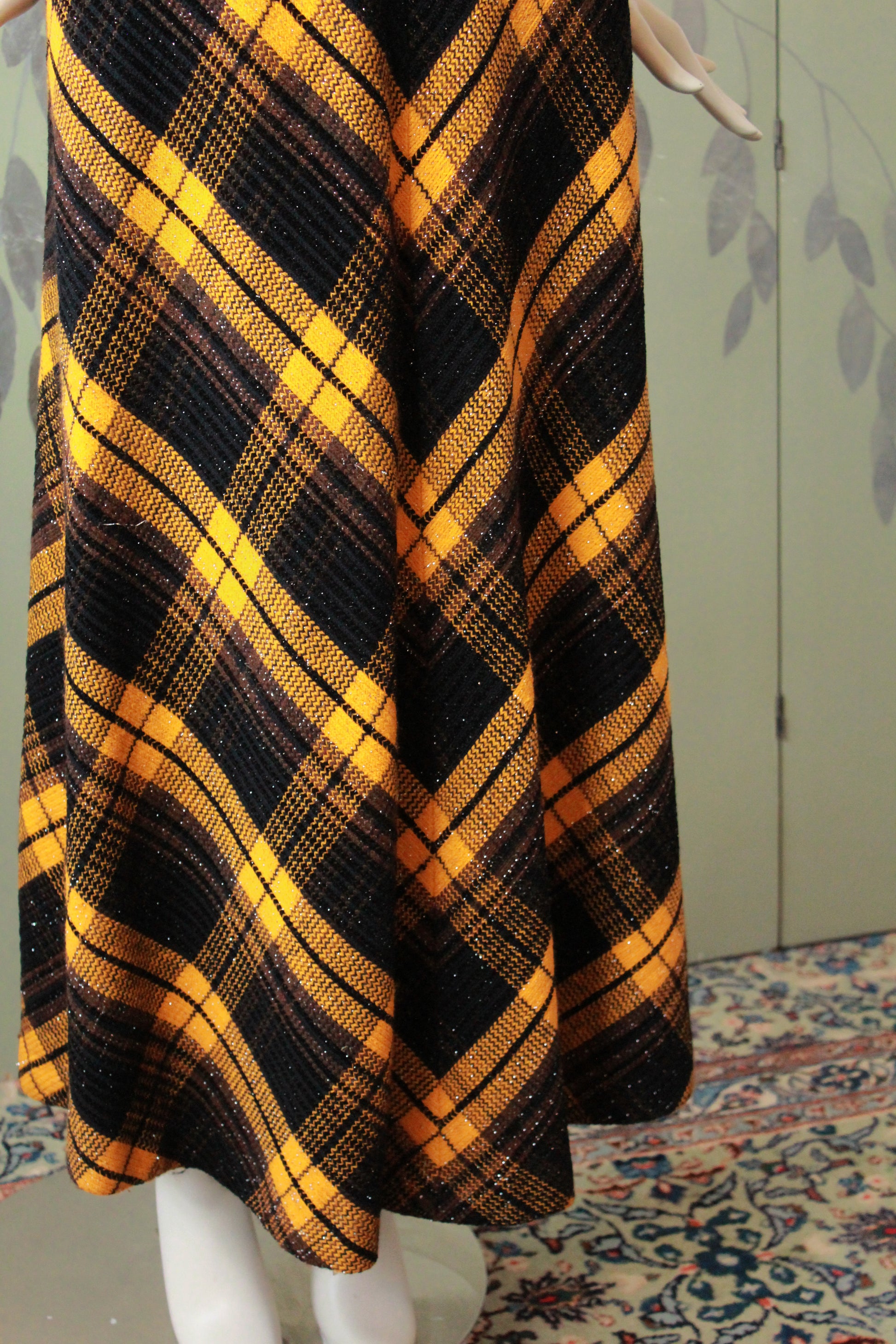 Vintage 1970s Black And Orange Plaid Maxi Skirt With Sparkles, S