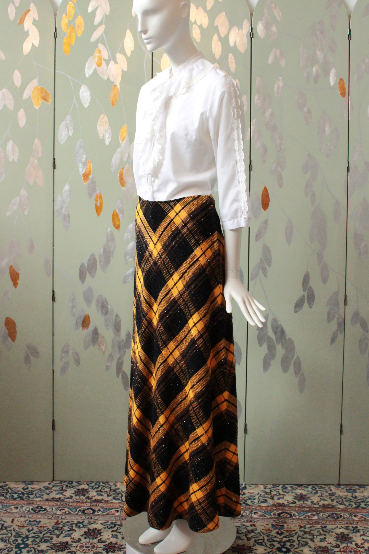 Vintage 1970s Black And Orange Plaid Maxi Skirt With Sparkles, S