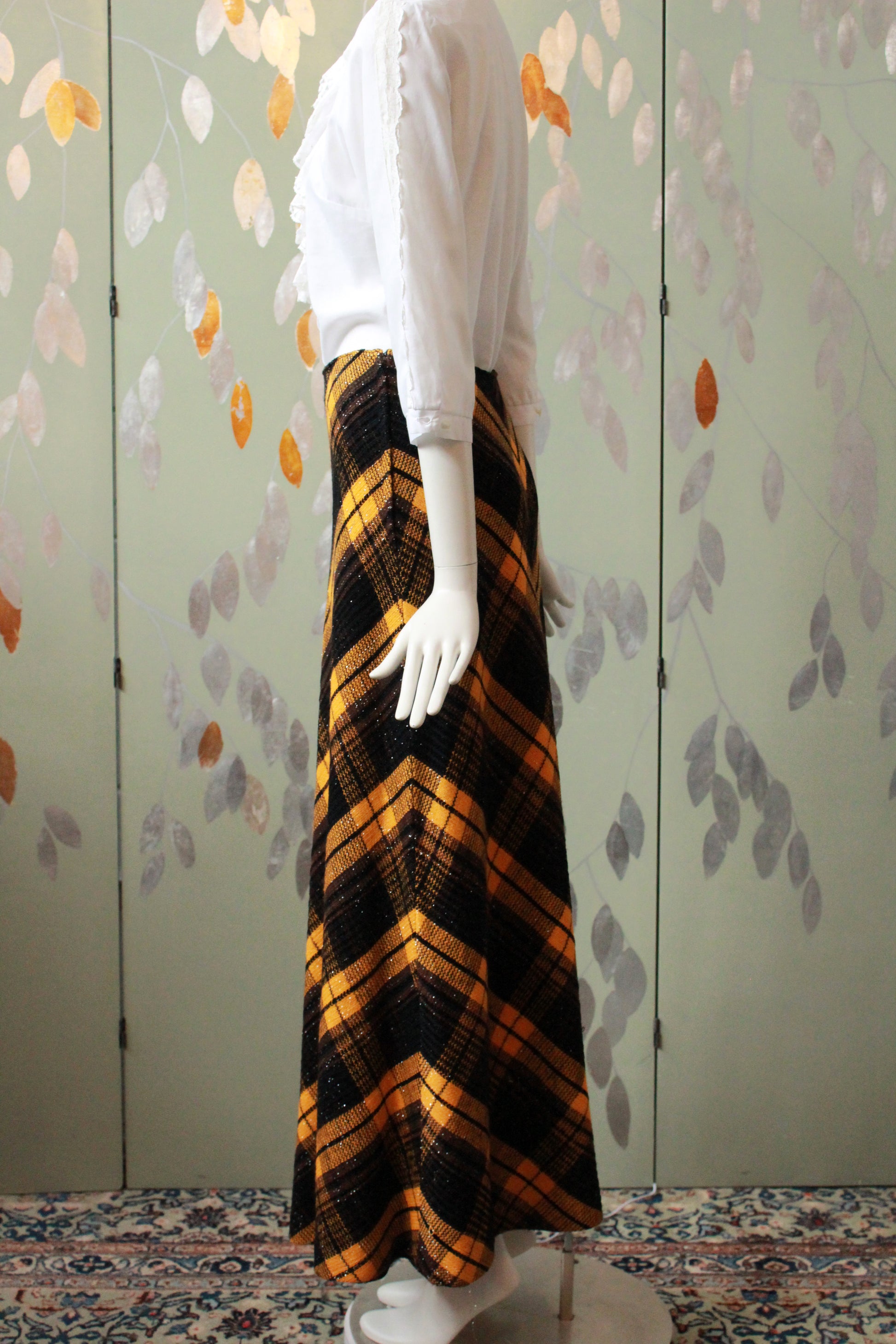 Vintage 1970s Black And Orange Plaid Maxi Skirt With Sparkles, S