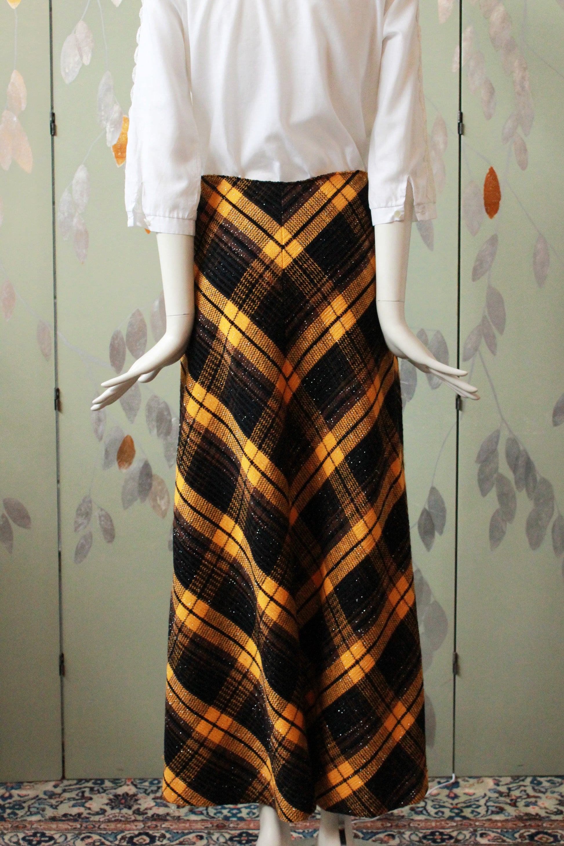 Vintage 1970s Black And Orange Plaid Maxi Skirt With Sparkles, S