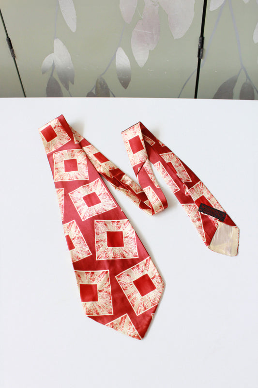 Vintage Early 1950s Abstract Red Squares Rayon Tie