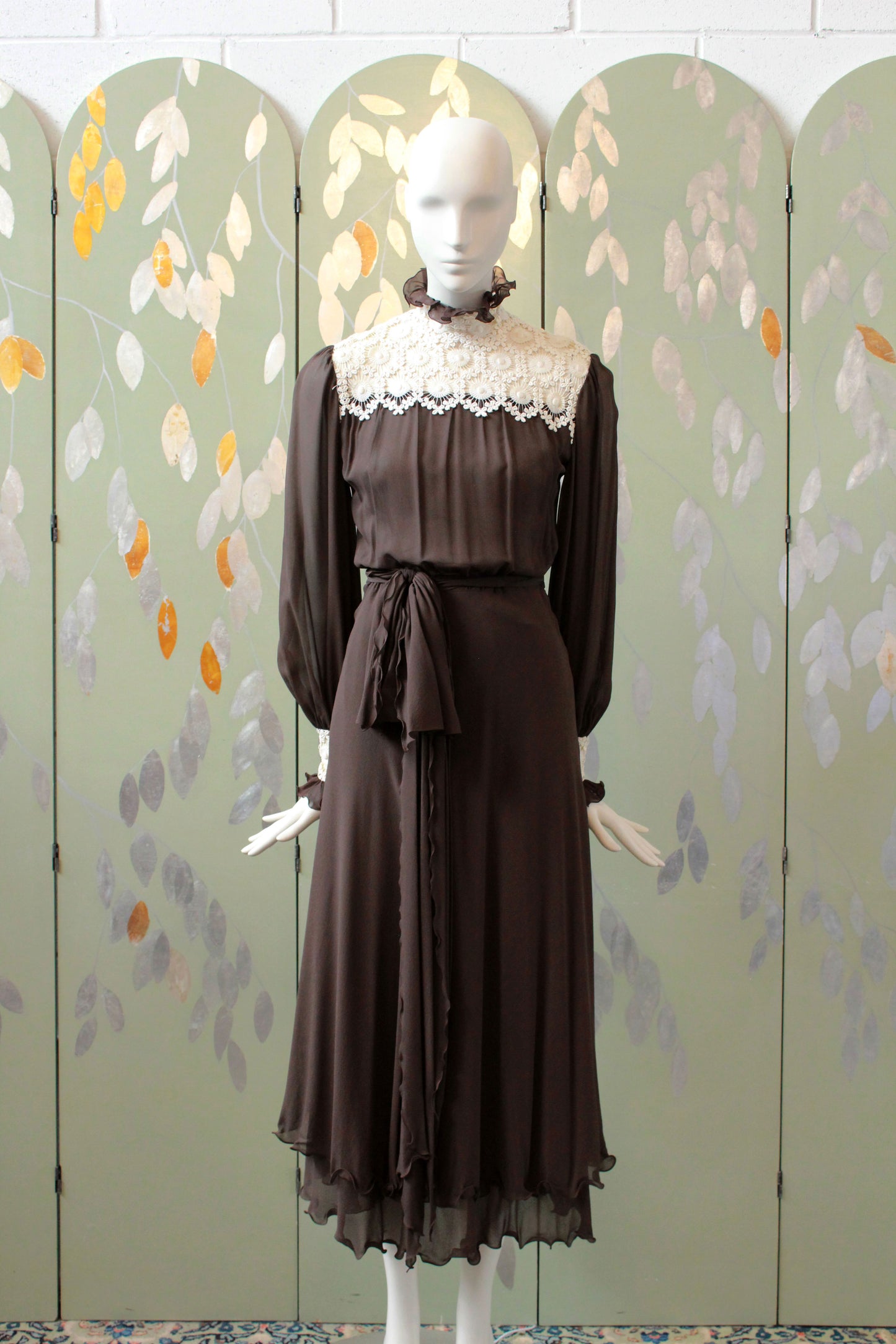 Vintage 1970s Brown PAULE NELSON Silk Chiffon Dress, Edwardian Inspired, XXS