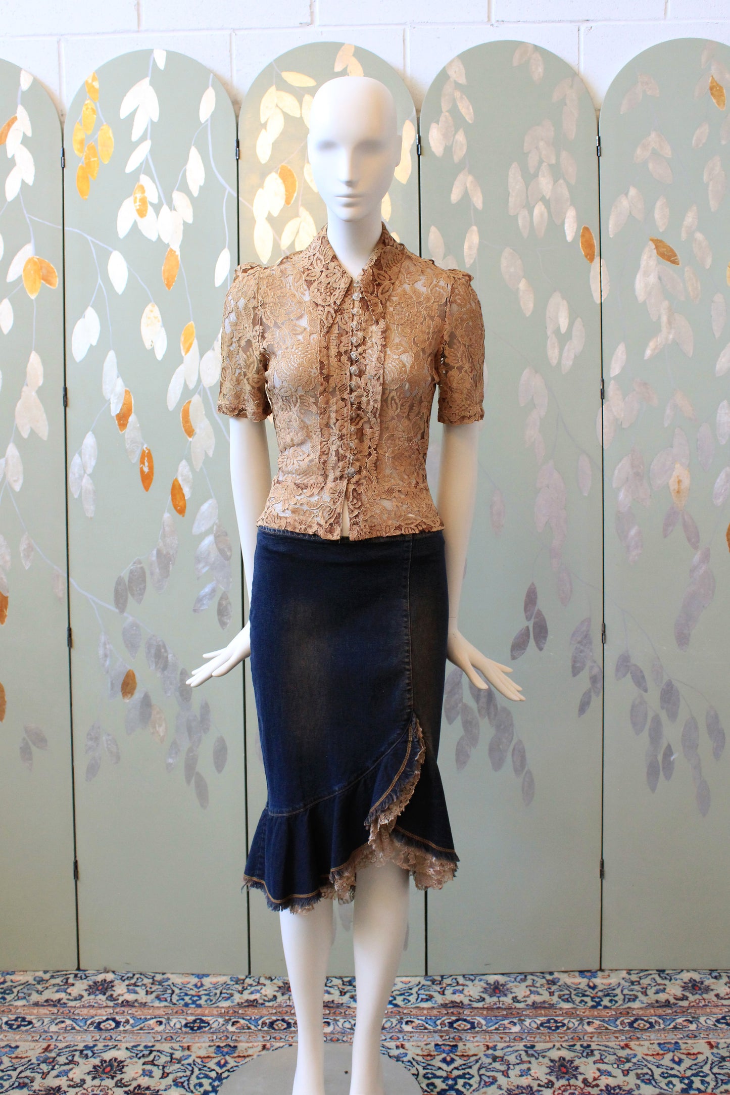 Early 2000 Denim Skirt With Lace Waterfall Hem , Large 