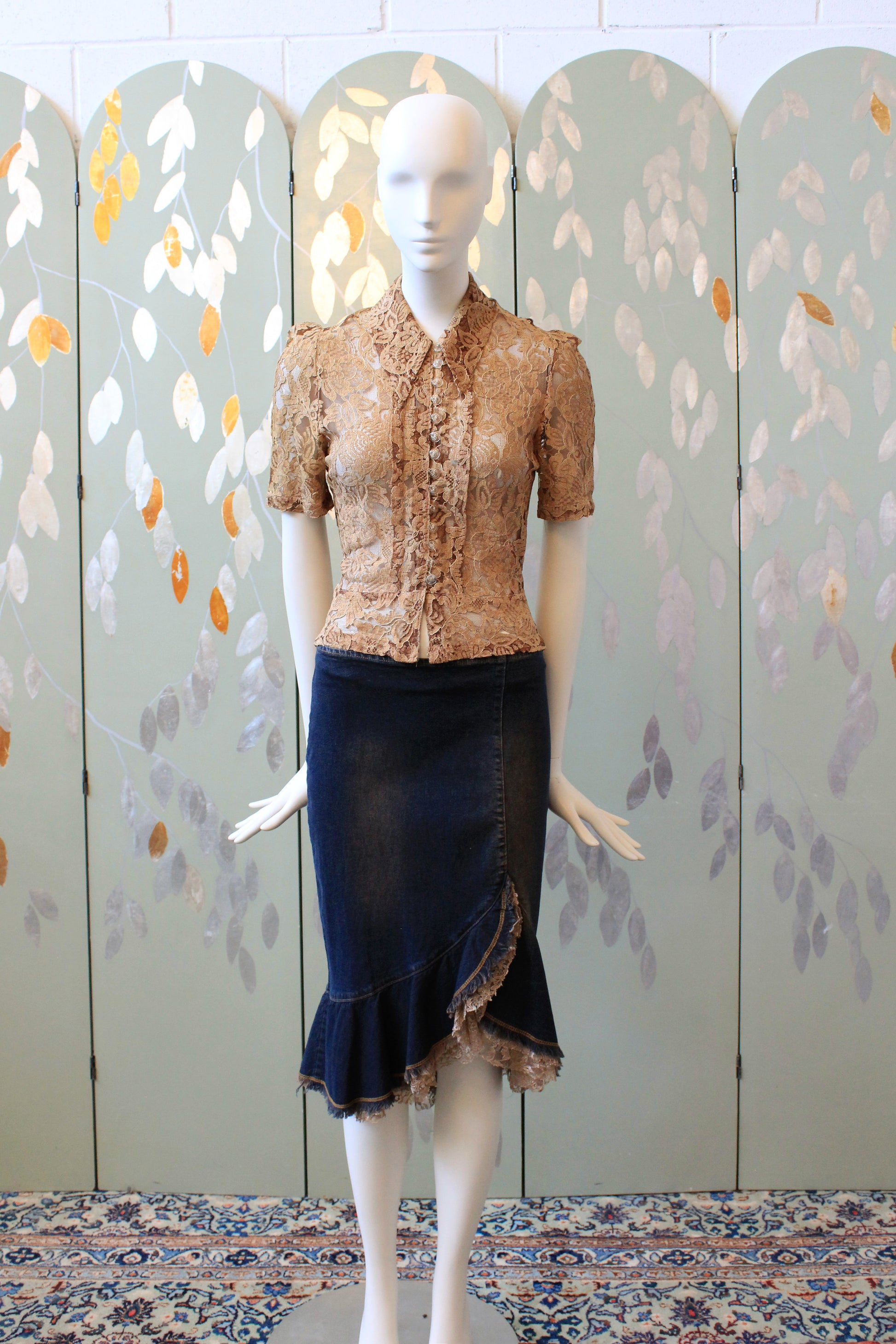 Early 2000 Denim Skirt With Lace Waterfall Hem , Large 