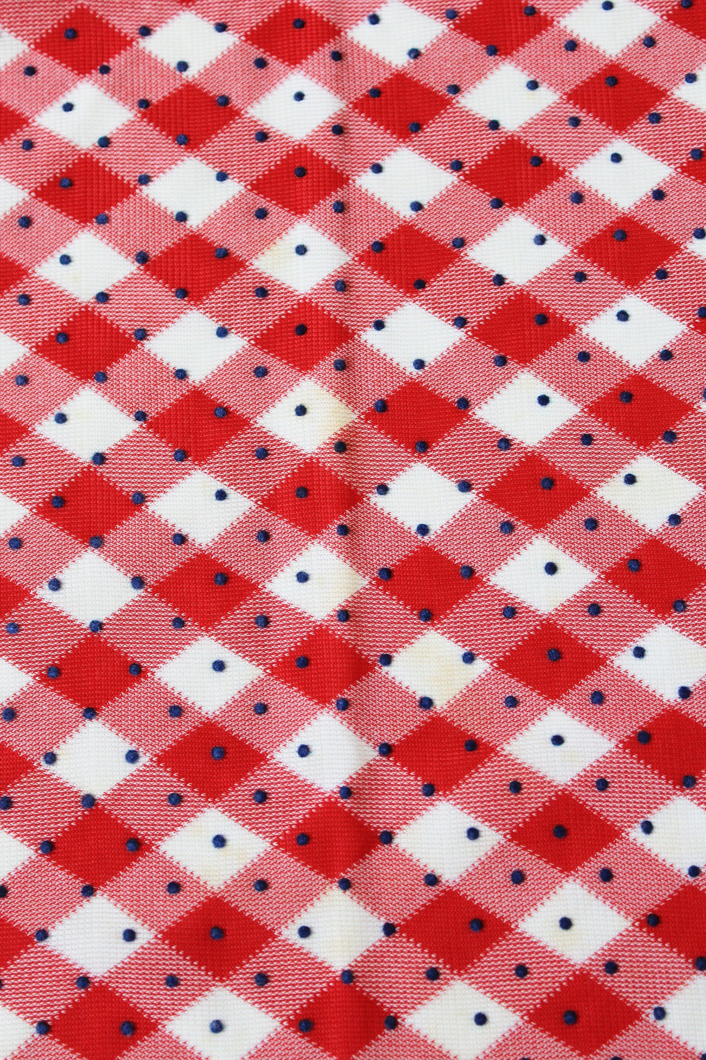 1960s Red And White Checkered Plaid With Blue Polka Dots Nylon Vintage Print Fabric, 3.8 Yards