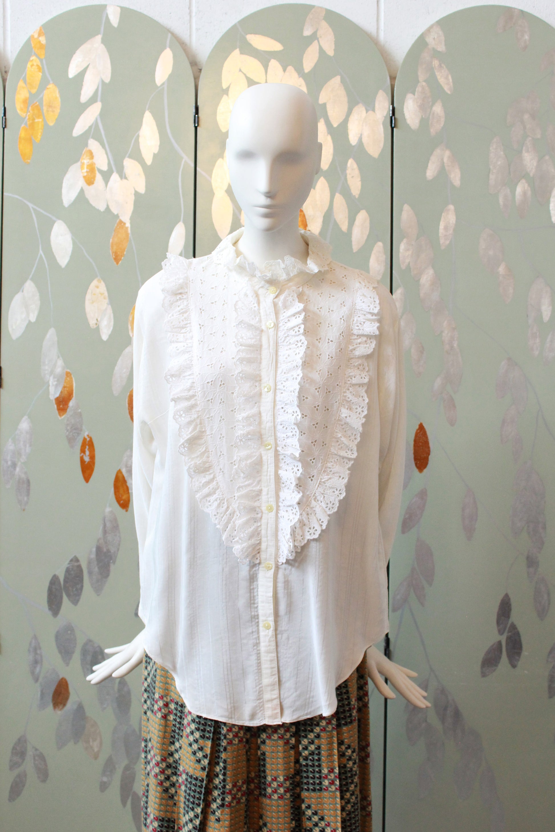 1990s Long Sleeve Blouse With Oversized Ruffle Broderie Yoke, XL