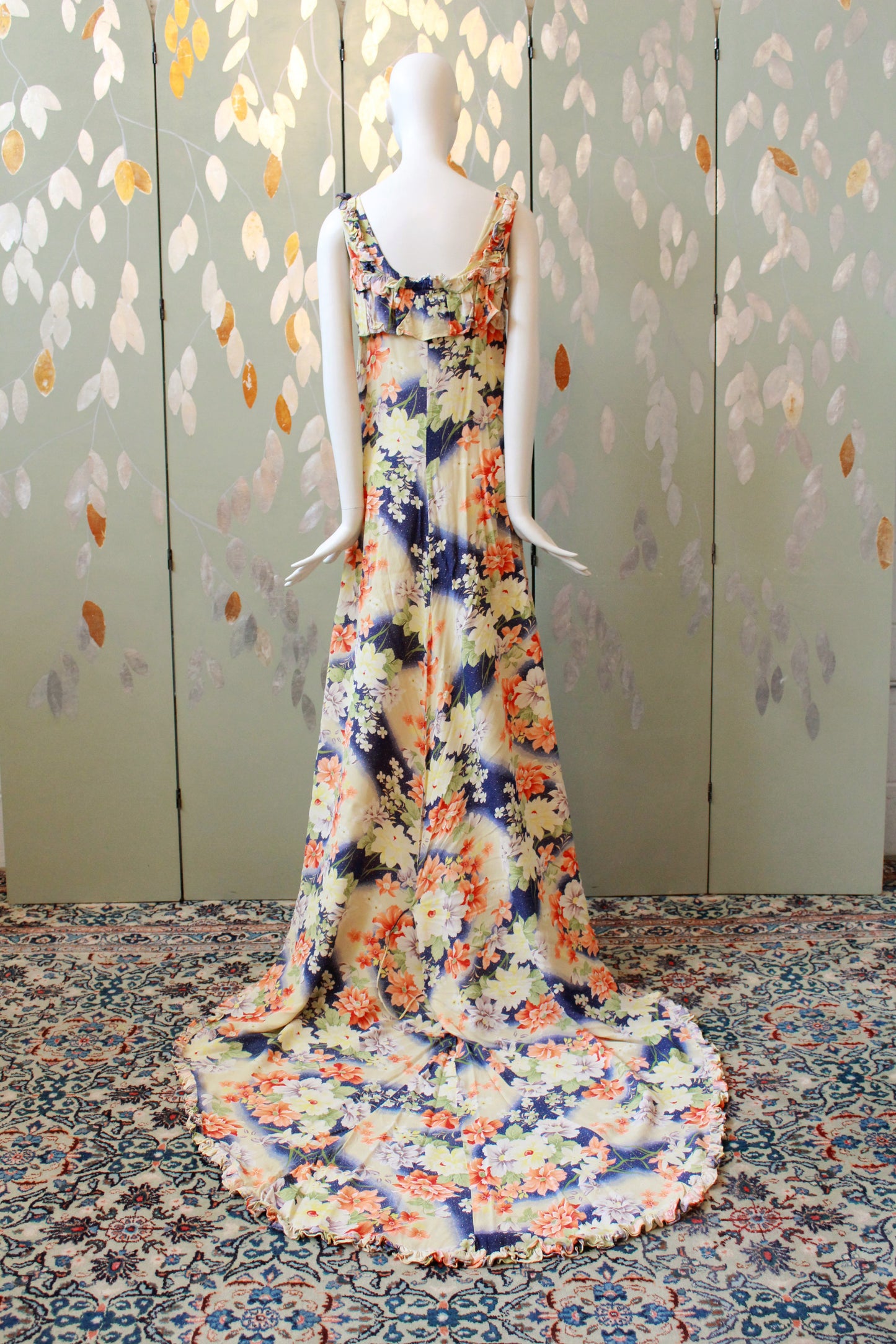 1930s Bias Cut Yellow And Orange Floral Gown With Train, Small