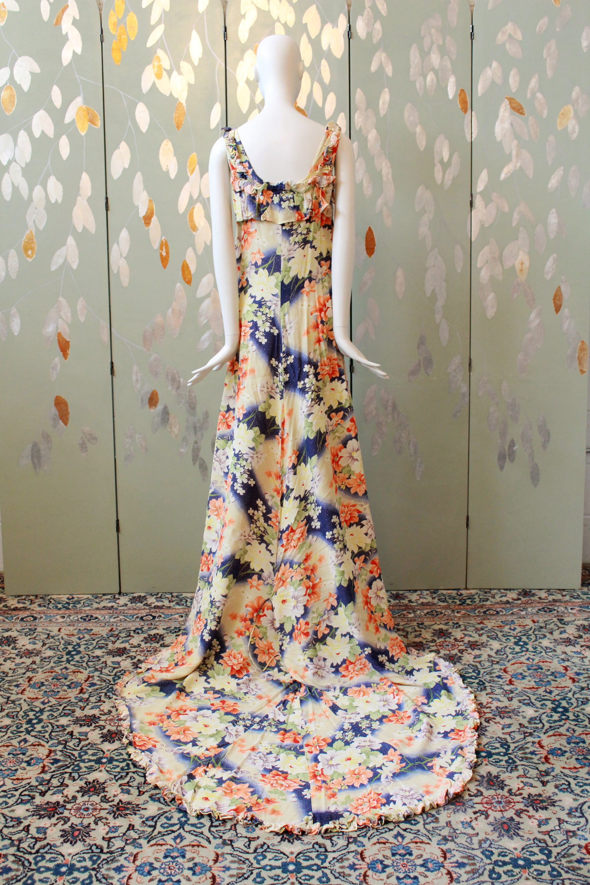 1930s Bias Cut Yellow And Orange Floral Gown With Train, Small