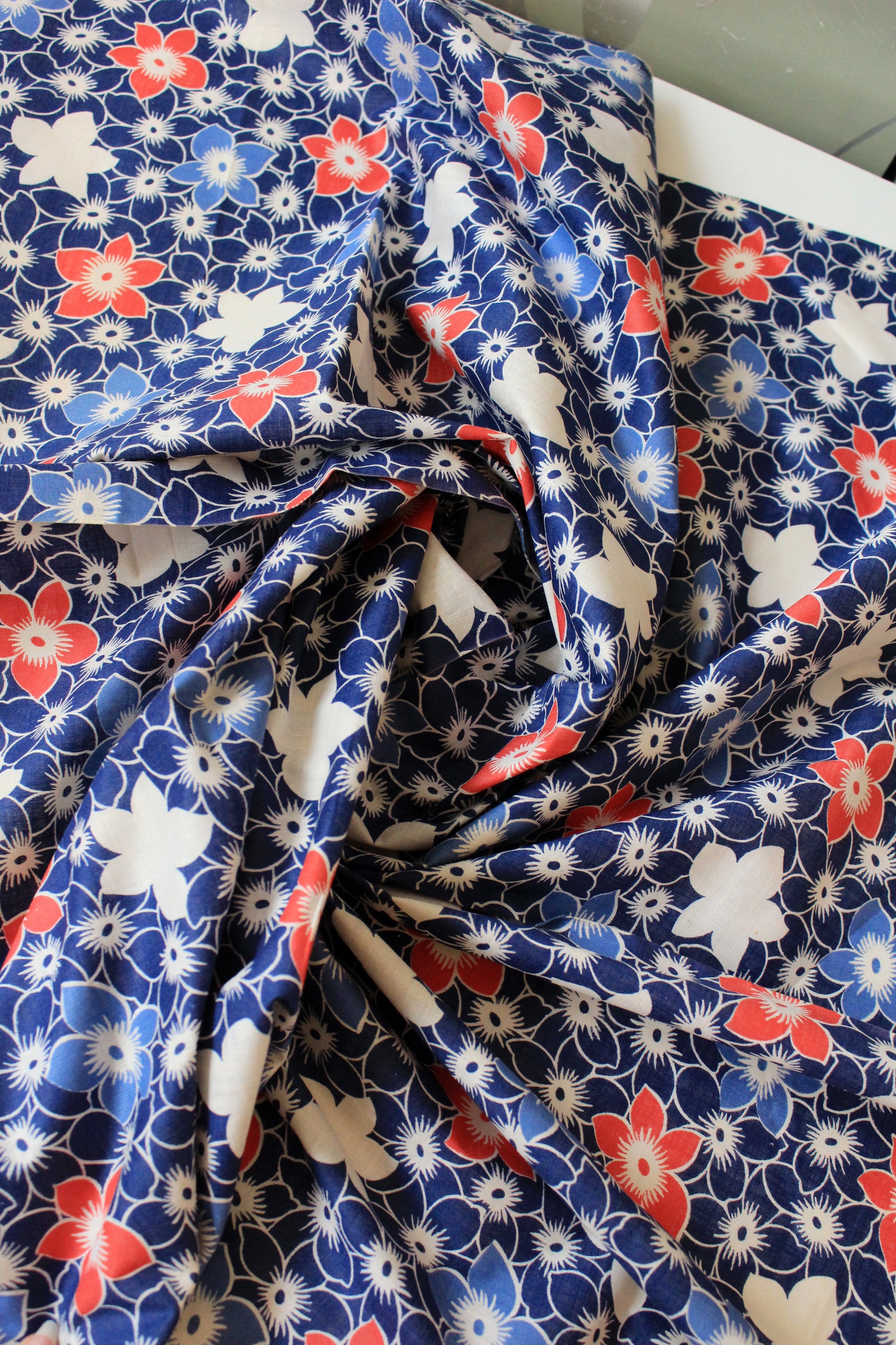 1940s Blue/White/Orange Repeating Flower Cotton Fabric, 6.75 Yards