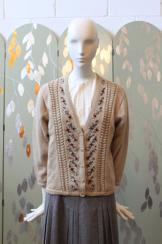 Cream Cardigan With Multicoloured Embroidered Flower Trim, XS