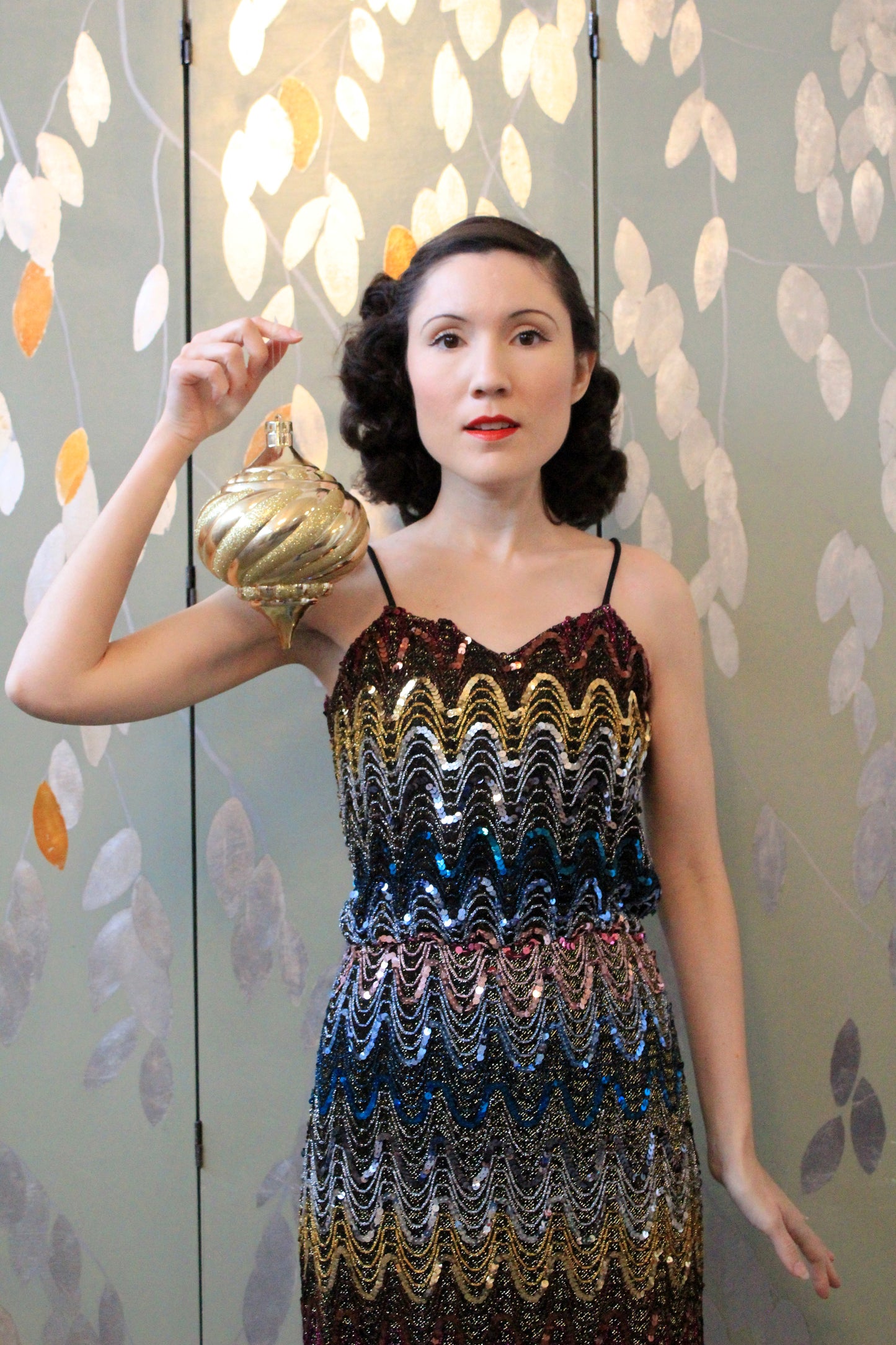 Vintage 1970s Sparkly Sequin Rainbow Spaghetti Strap Disco Dress, XS