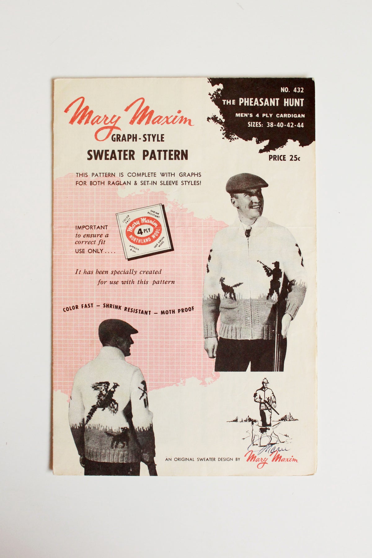 1950s Mary Maxim Mens 4 ply Kitting Pattern 432, The Pheasant Hunt Cardigan