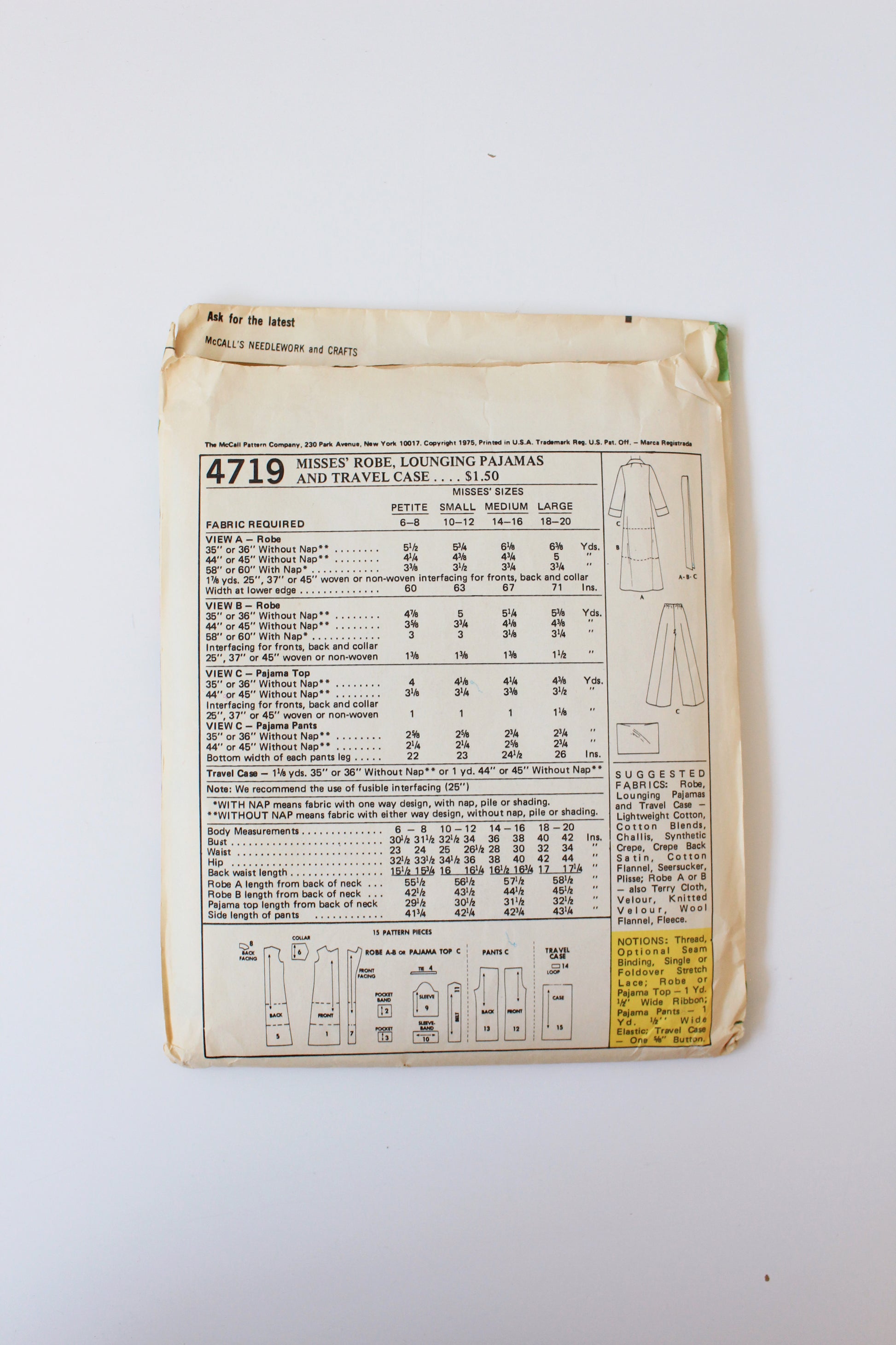 1970s Robe, Lounging Pyjamas And Travel Case McCall's 4719 Sewing Pattern, Uncut, 6-8 Petite