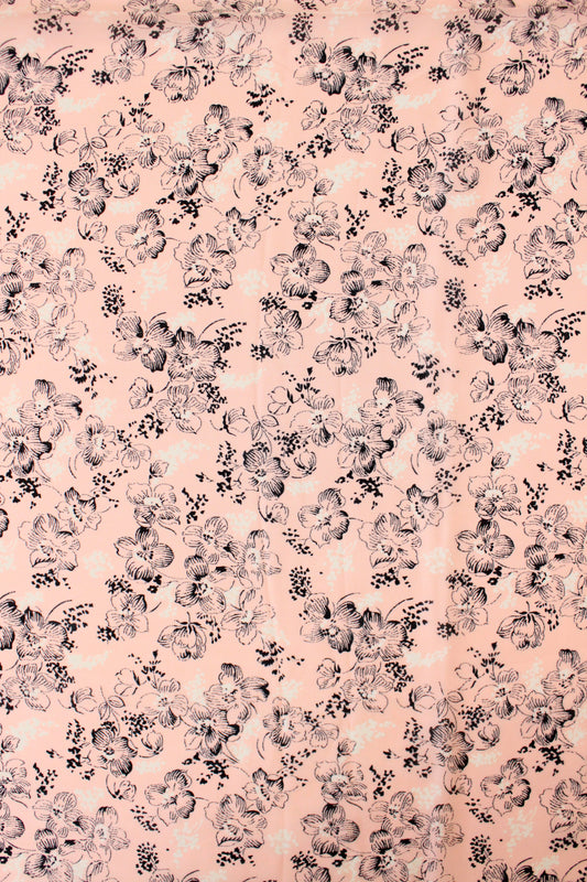 1940s Pink With Black And White Flowers Rayon Fabric, 3.5 Yards