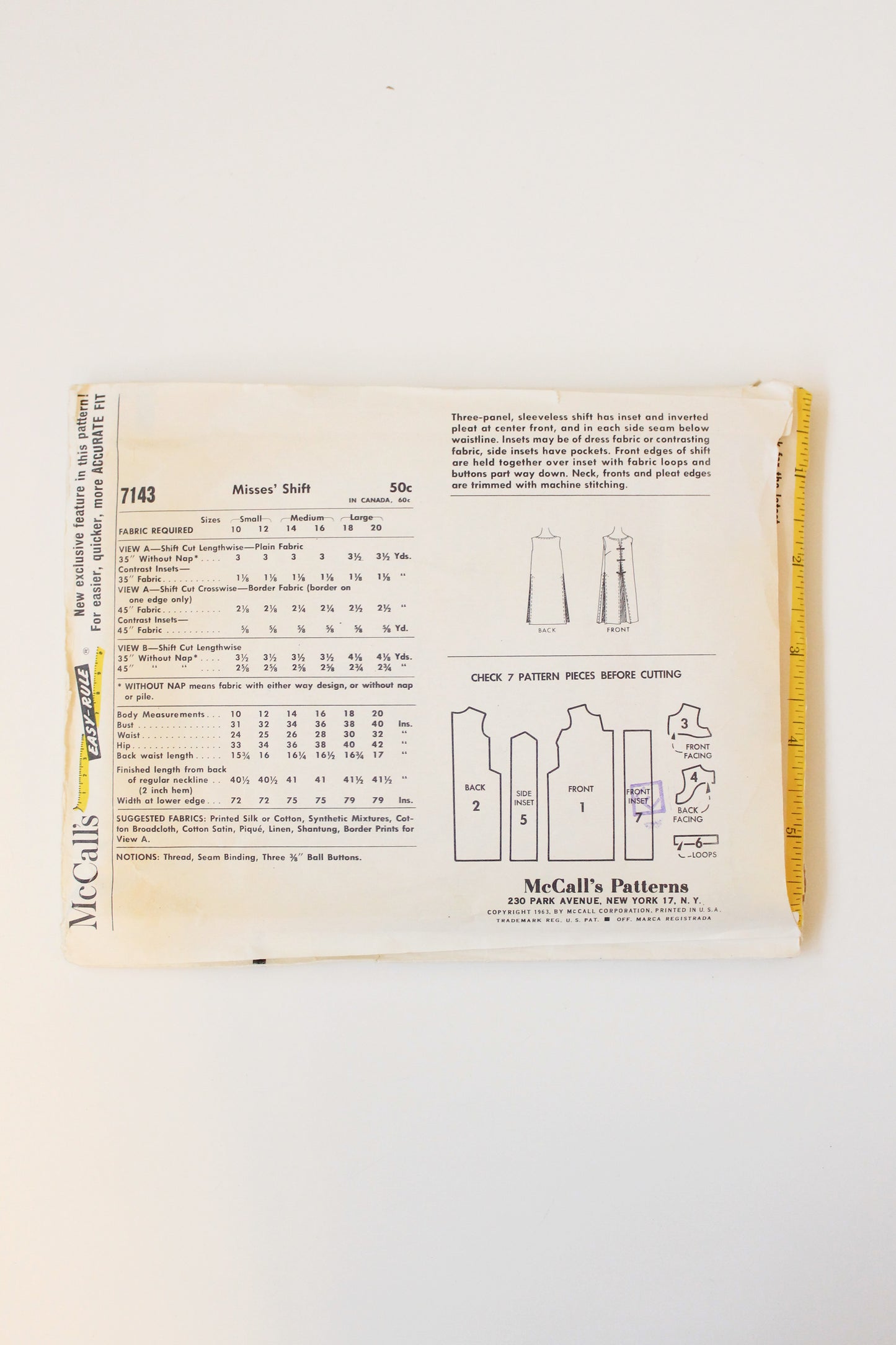 1960s Shift Summer Dress McCall's 7143 Sewing Pattern, Partially Cut-Complete, Size 10-12