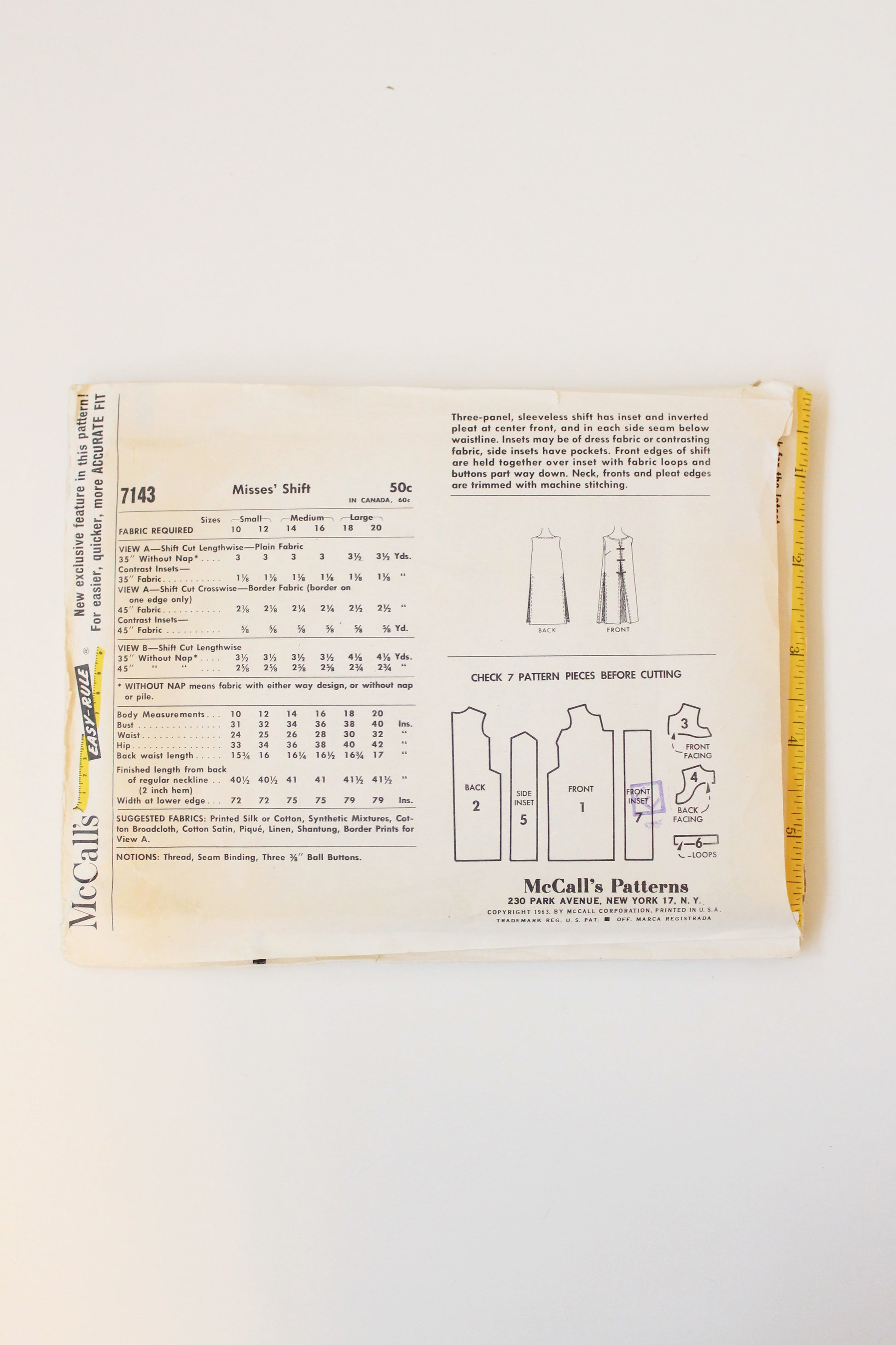 1960s Shift Summer Dress McCall's 7143 Sewing Pattern, Partially Cut-Complete, Size 10-12