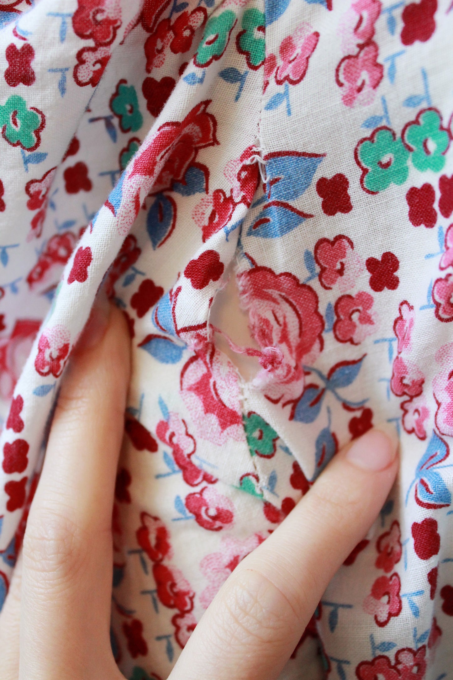1940s  Floral Cotton Wrap House Dress With Embroidery, Medium