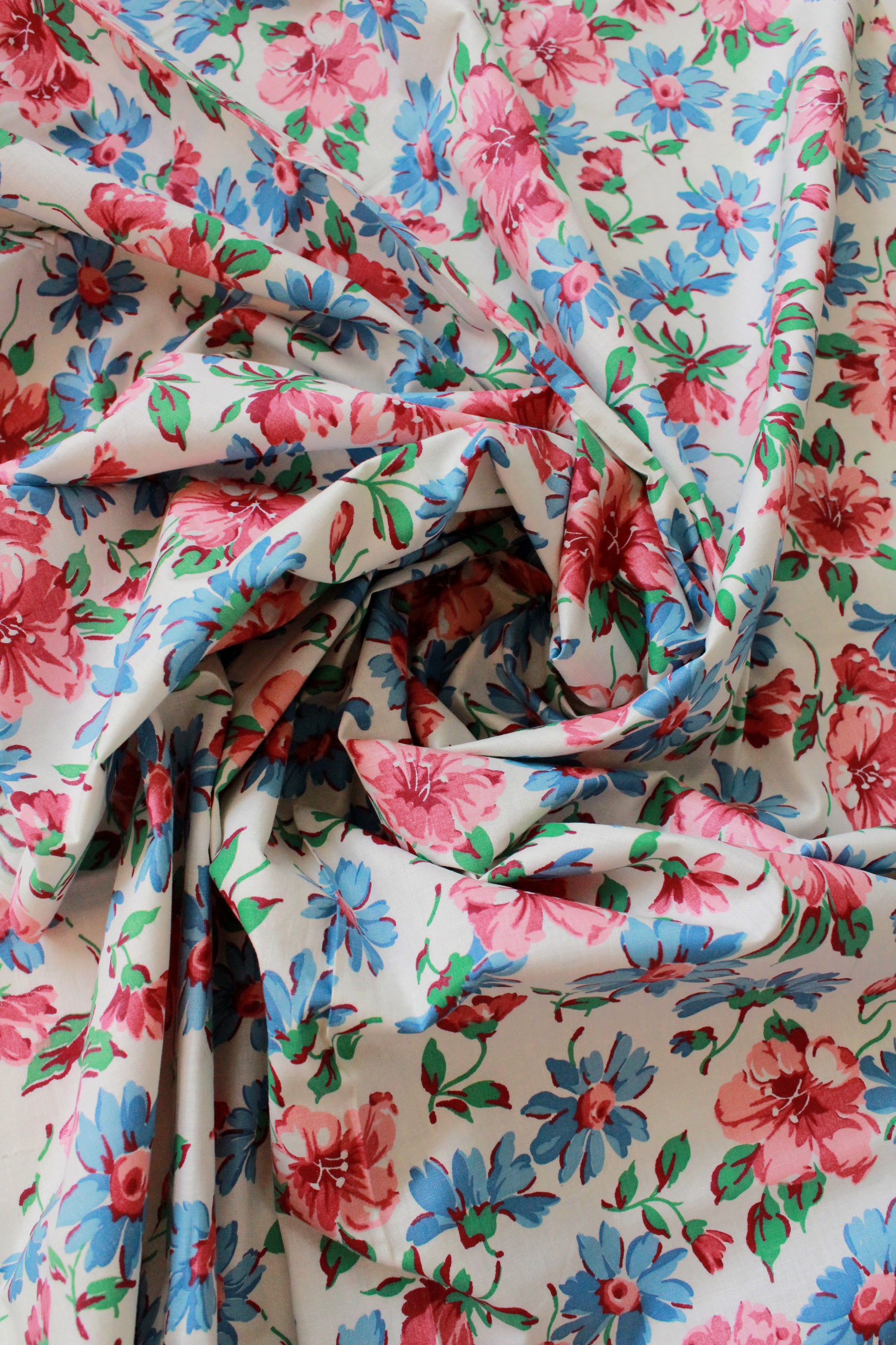 Vintage 1950s Pink And Blue Floral Cotton Sewing Fabric, 3.5 Yards